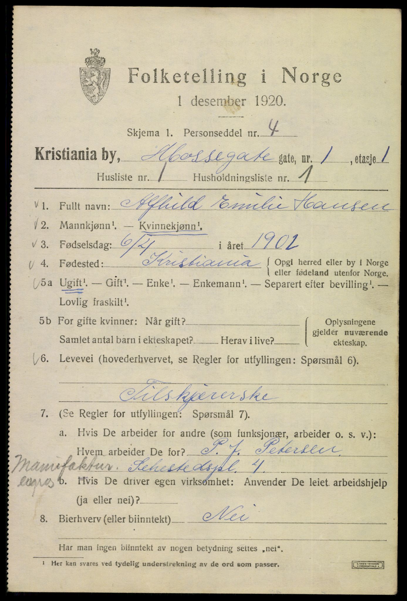 SAO, 1920 census for Kristiania, 1920, p. 396537