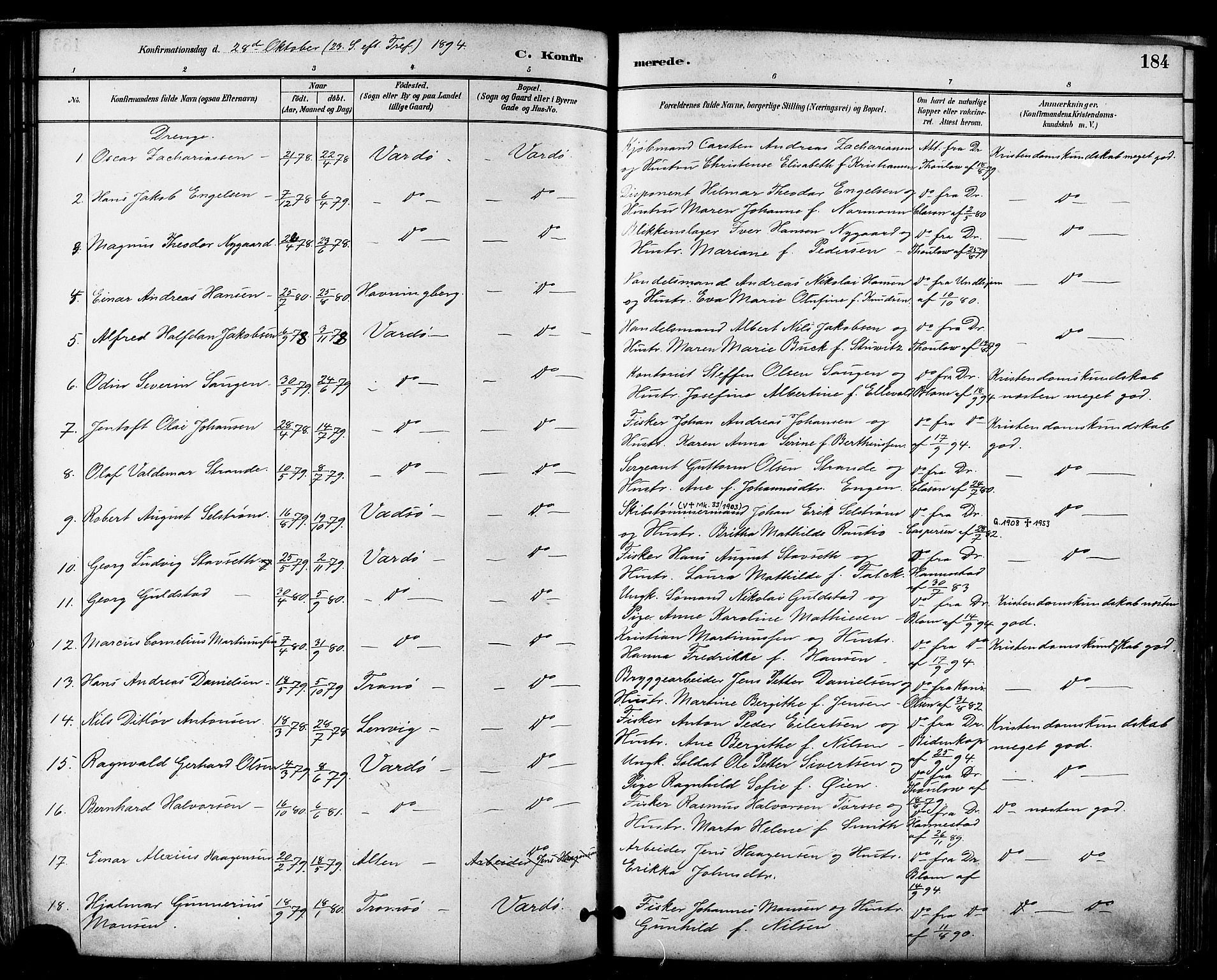Vardø sokneprestkontor, AV/SATØ-S-1332/H/Ha/L0007kirke: Parish register (official) no. 7, 1886-1897, p. 184