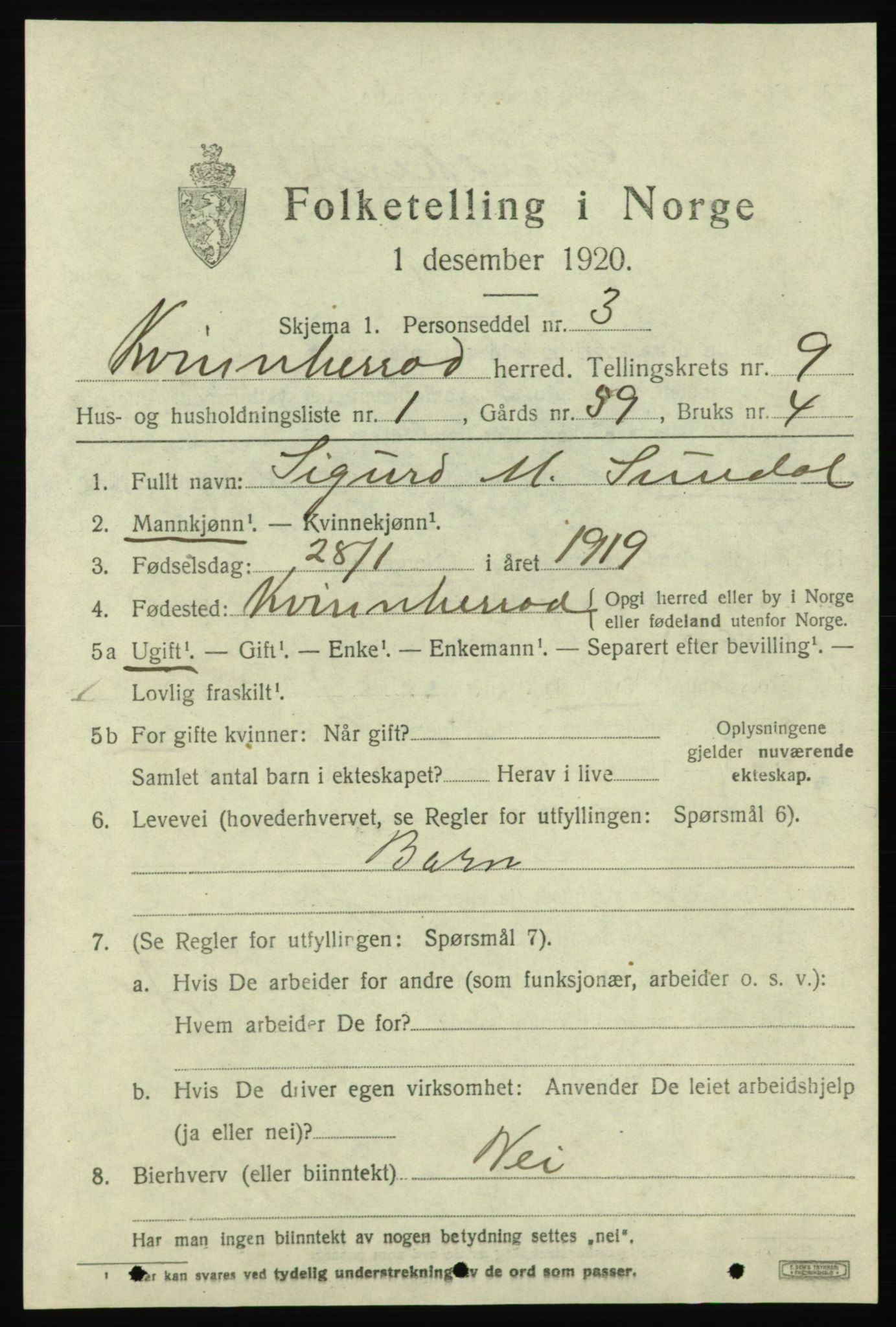 SAB, 1920 census for Kvinnherad, 1920, p. 6708