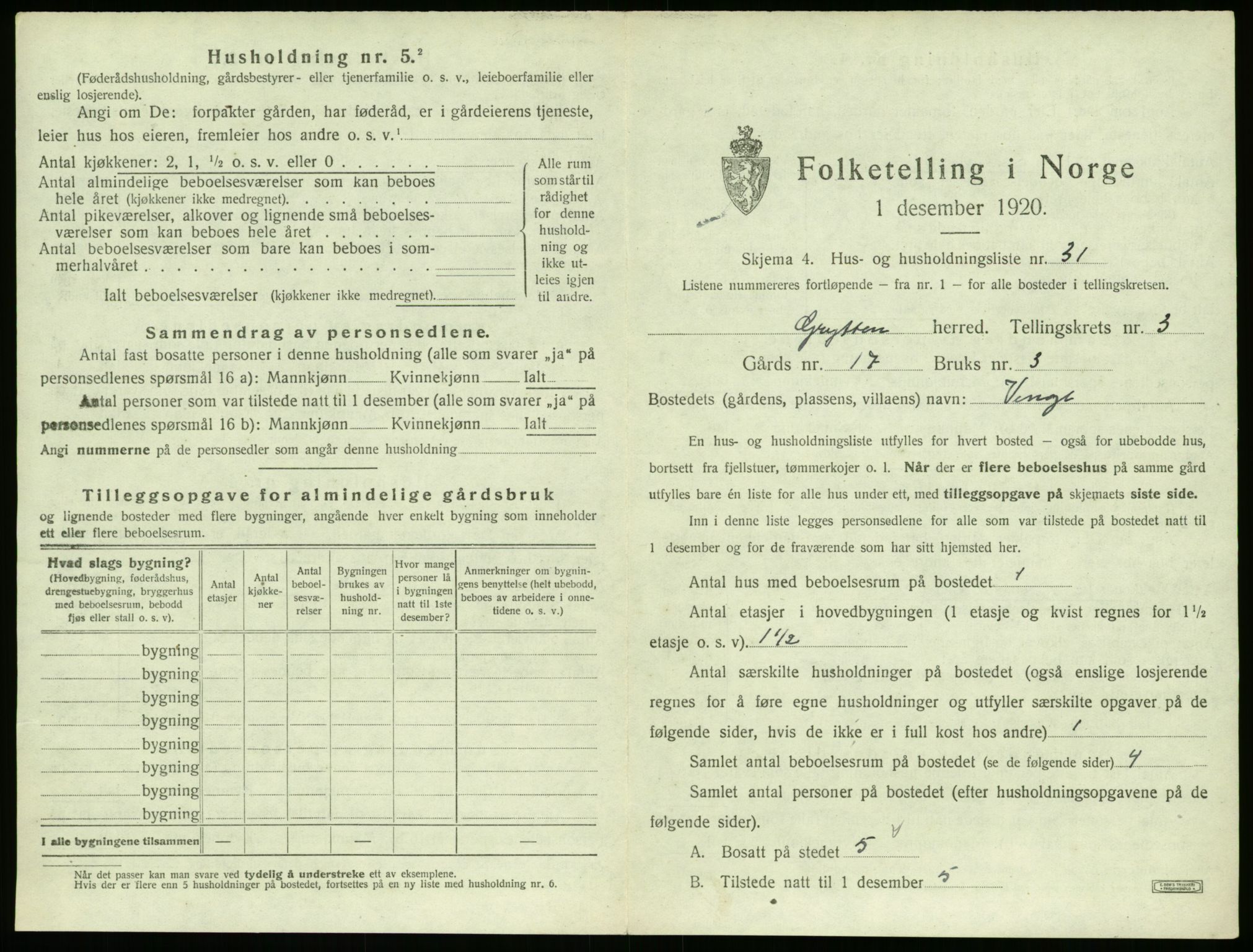 SAT, 1920 census for Grytten, 1920, p. 346