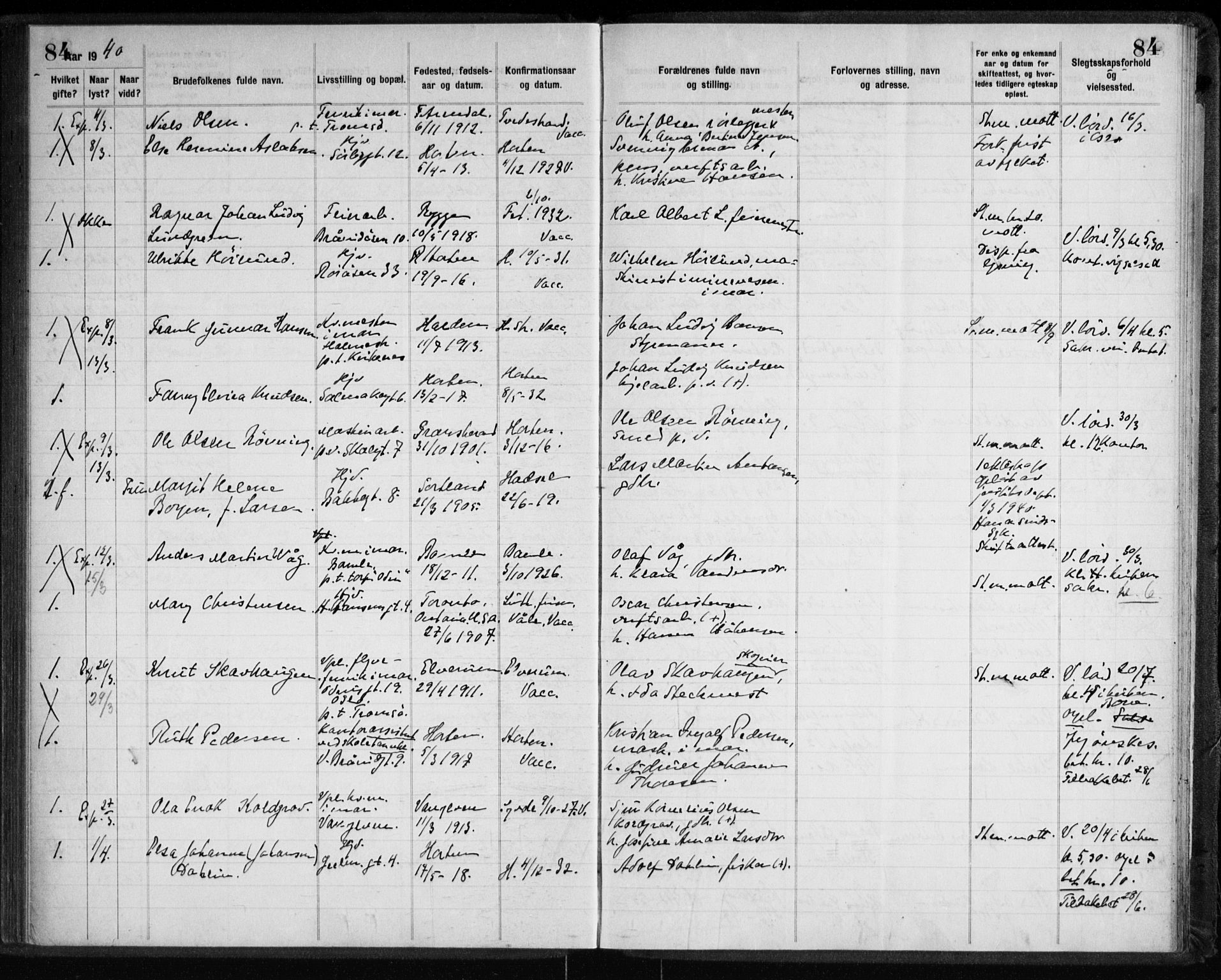 Horten kirkebøker, AV/SAKO-A-348/H/Ha/L0007: Banns register no. 7, 1934-1947, p. 84