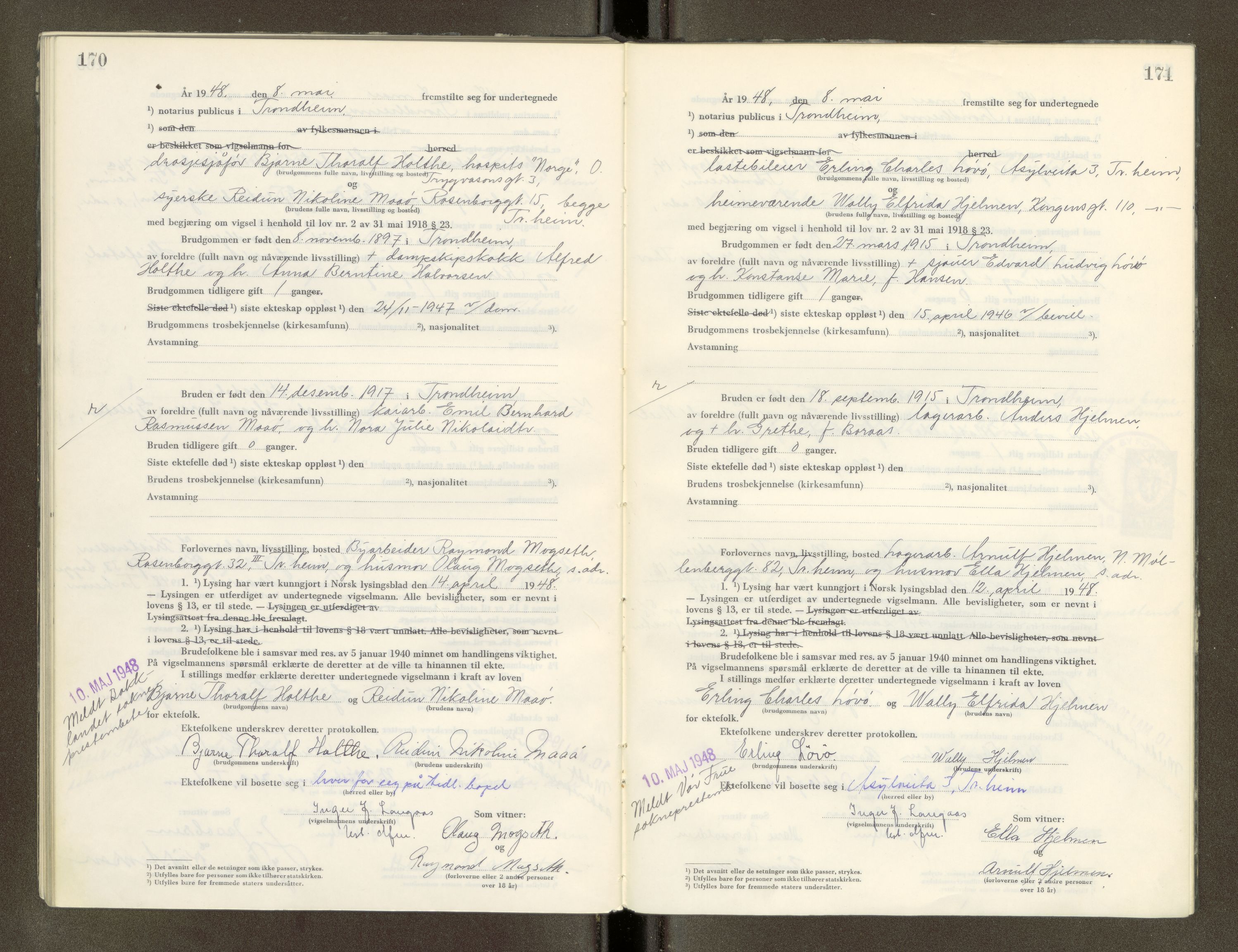 Trondheim byfogd, AV/SAT-A-0003/1/6/6D/L0005: Vigselbøker, 1944-1948, p. 170-171