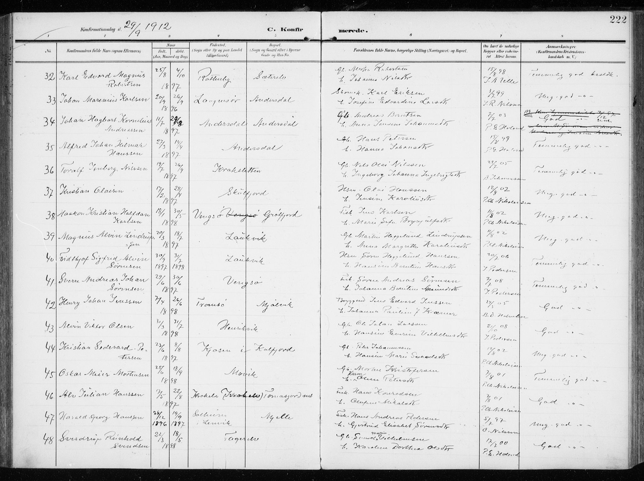 Tromsøysund sokneprestkontor, AV/SATØ-S-1304/G/Ga/L0007kirke: Parish register (official) no. 7, 1907-1914, p. 222