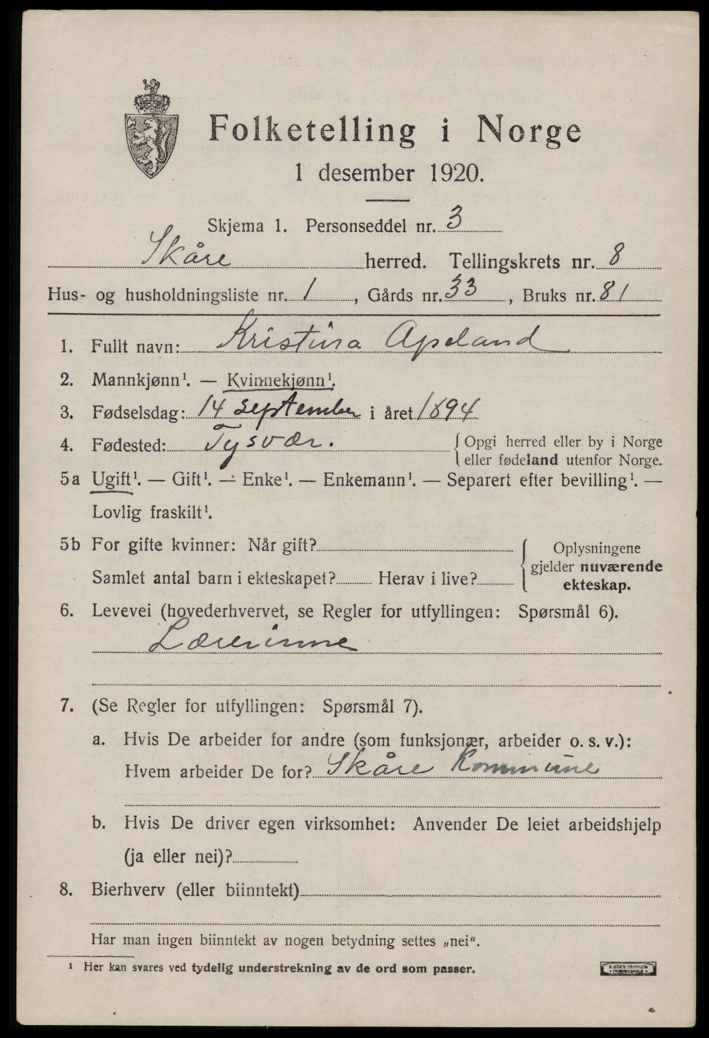 SAST, 1920 census for Skåre, 1920, p. 5720
