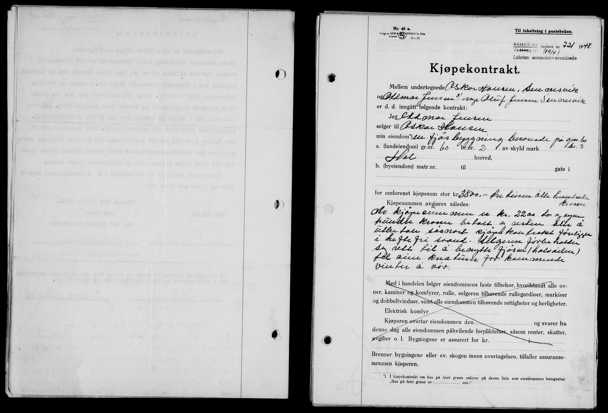 Lofoten sorenskriveri, SAT/A-0017/1/2/2C/L0018a: Mortgage book no. 18a, 1948-1948, Diary no: : 721/1948