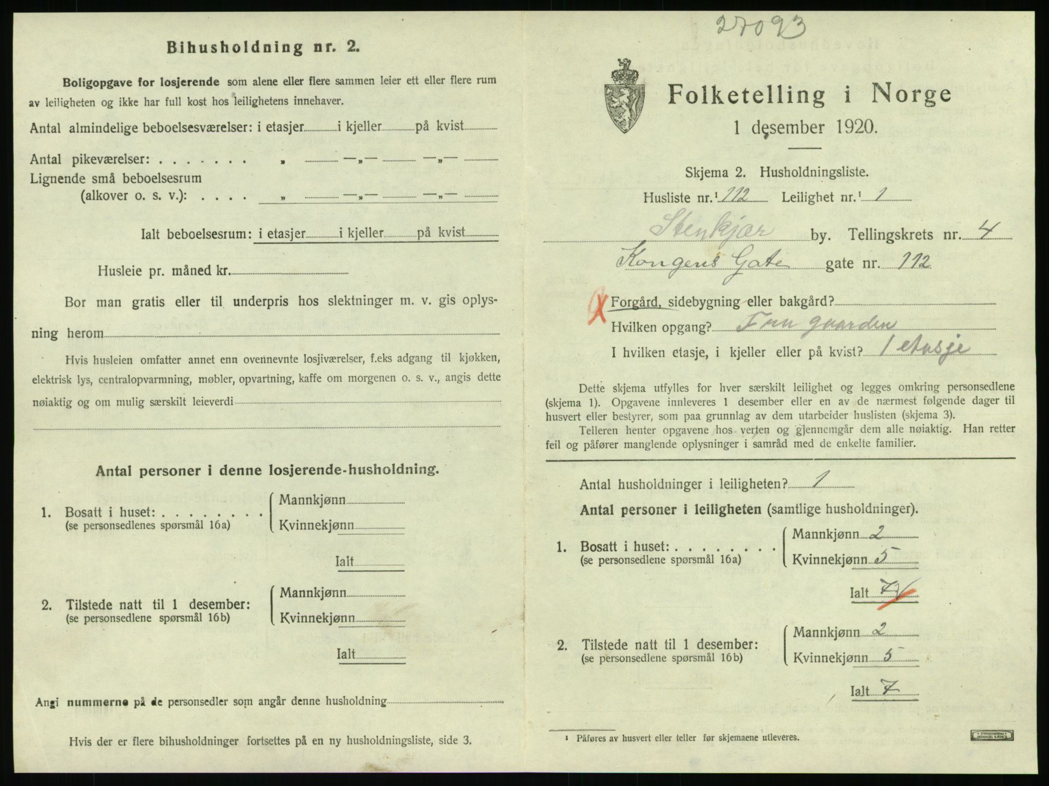 SAT, 1920 census for Steinkjer, 1920, p. 2218