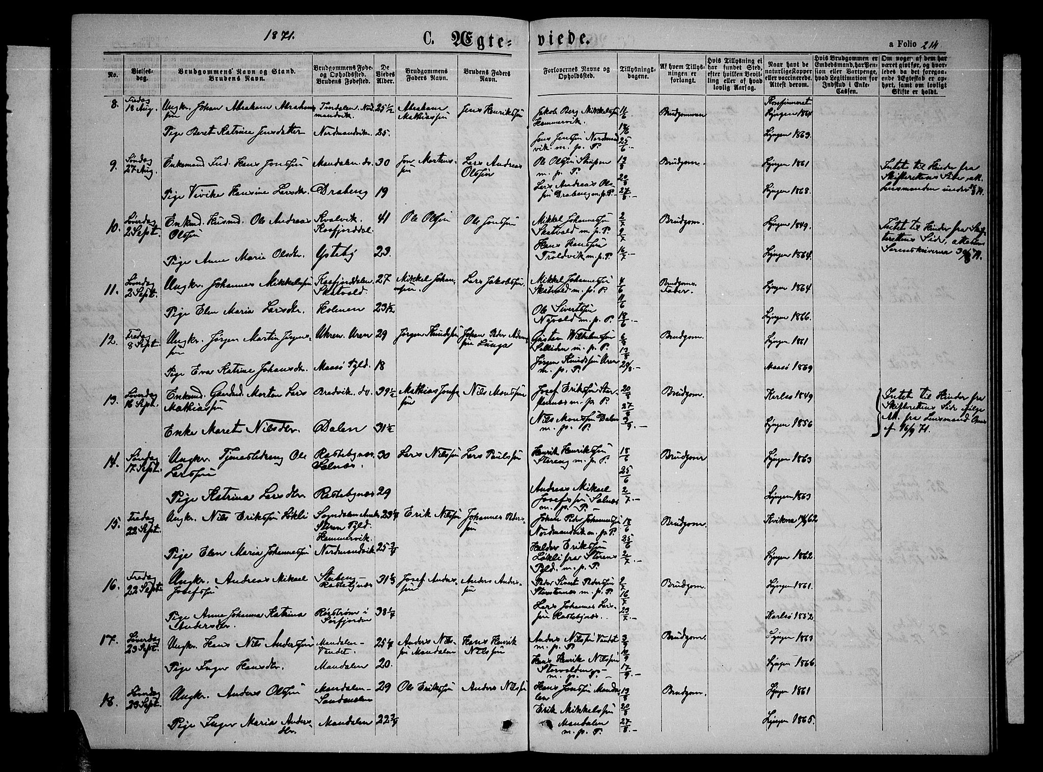 Lyngen sokneprestembete, AV/SATØ-S-1289/H/He/Heb/L0004klokker: Parish register (copy) no. 4, 1868-1878, p. 214