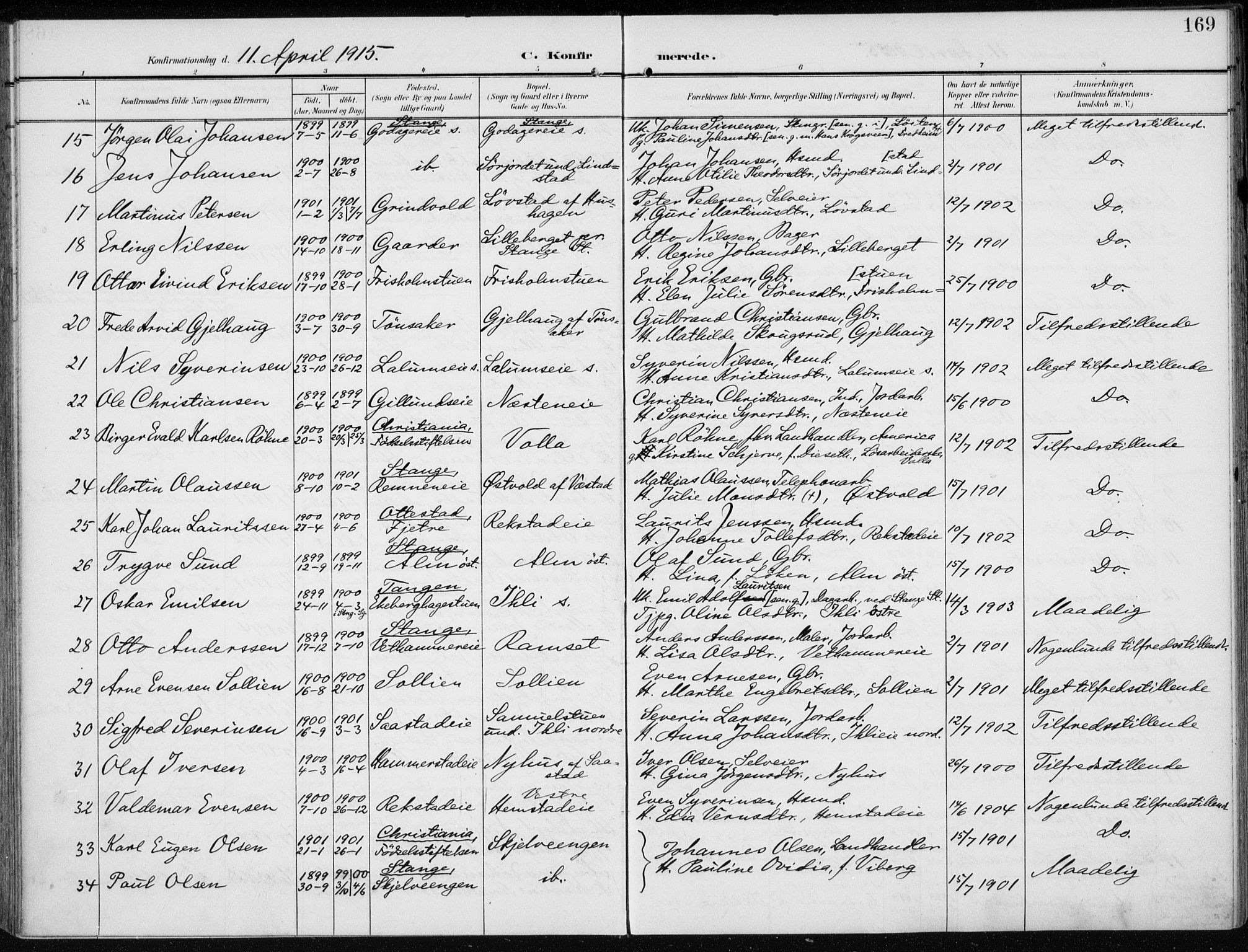 Stange prestekontor, AV/SAH-PREST-002/K/L0024: Parish register (official) no. 24, 1906-1922, p. 169