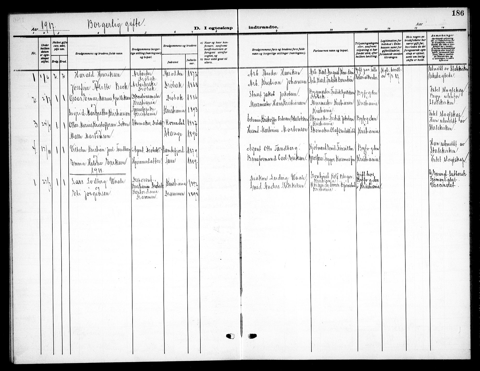 Drøbak prestekontor Kirkebøker, SAO/A-10142a/G/Ga/L0002: Parish register (copy) no. I 2, 1917-1932, p. 186