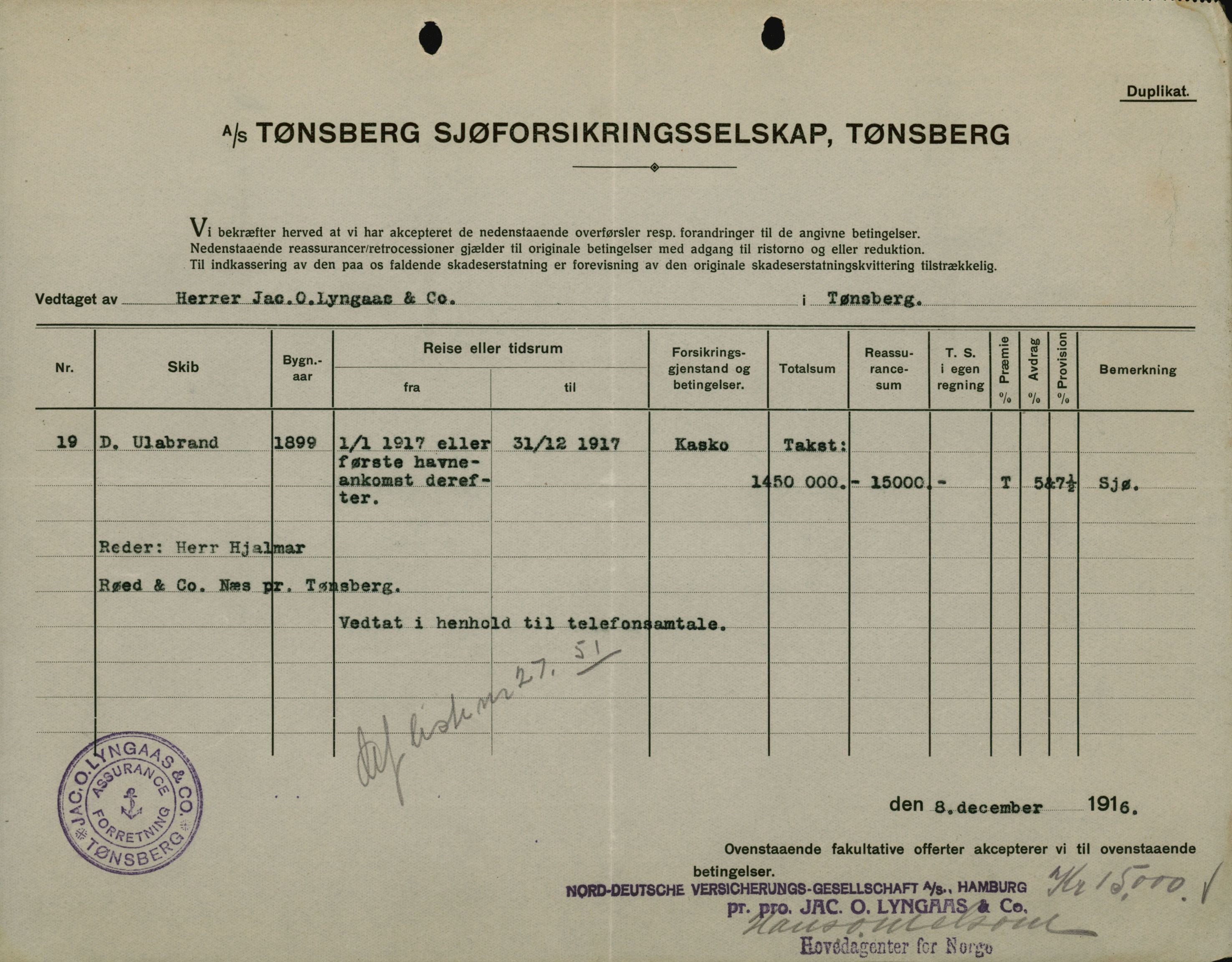 Pa 664 - Tønsberg Sjøforsikringsselskap, VEMU/A-1773/F/L0001: Forsikringspoliser, 1915-1918