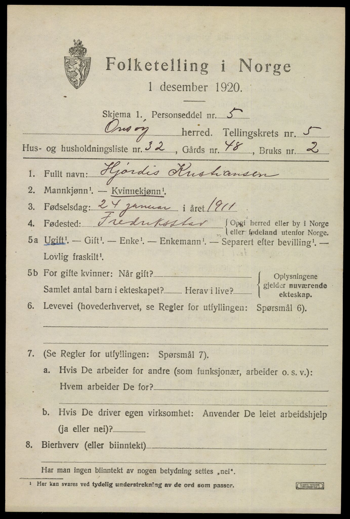 SAO, 1920 census for Onsøy, 1920, p. 6872