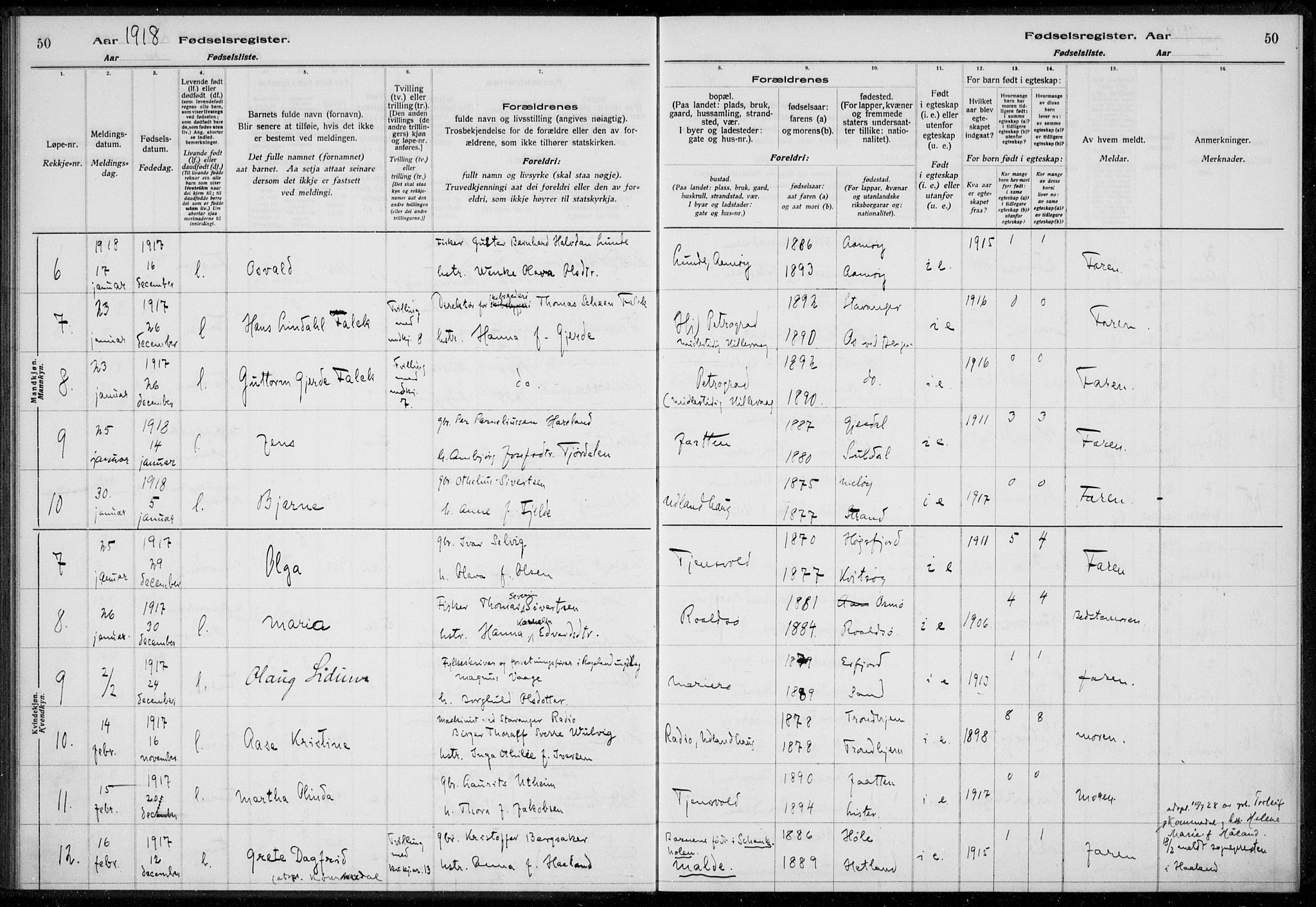 Hetland sokneprestkontor, SAST/A-101826/70/704BA/L0003: Birth register no. 1, 1916-1923, p. 50