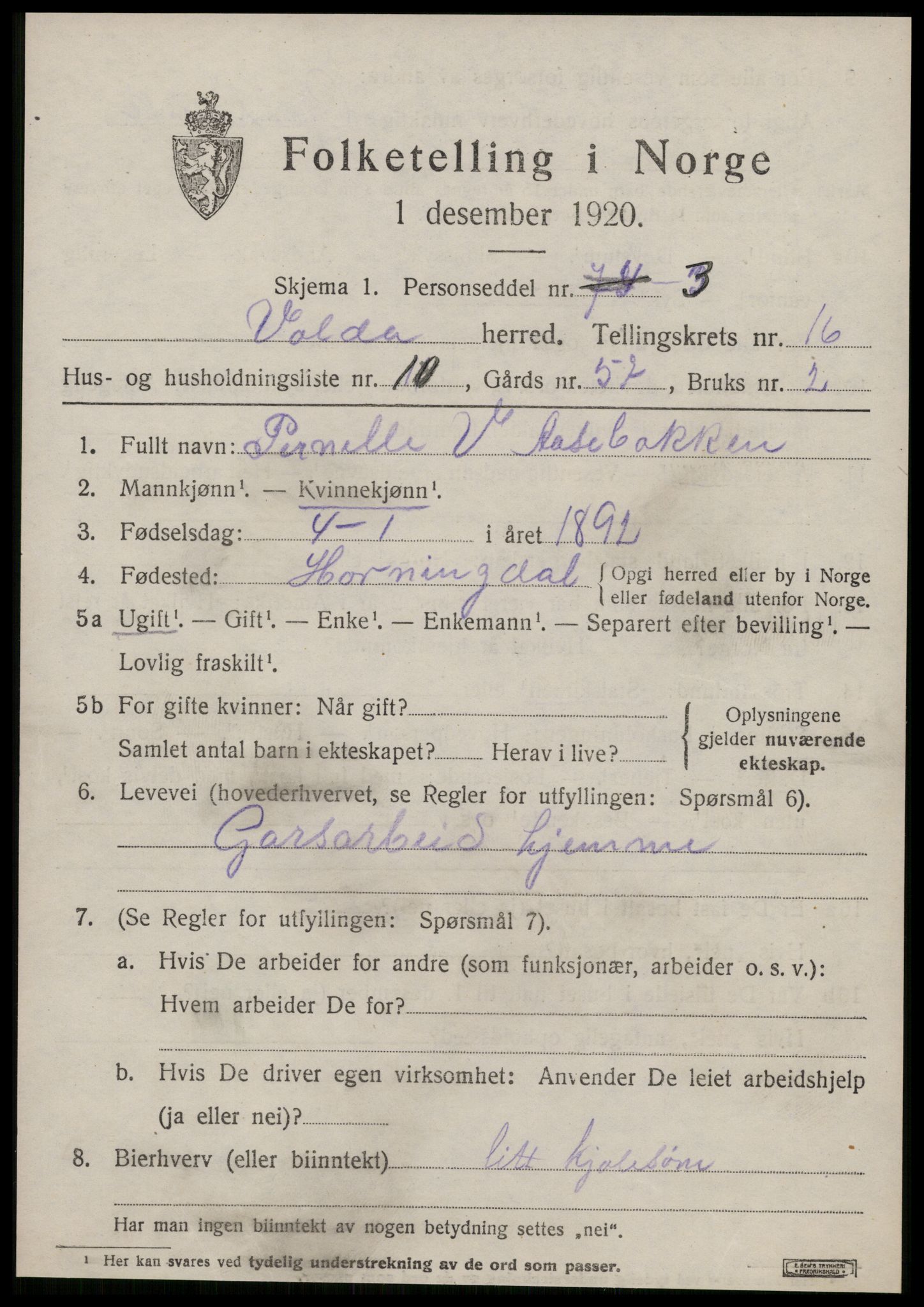 SAT, 1920 census for Volda, 1920, p. 9350