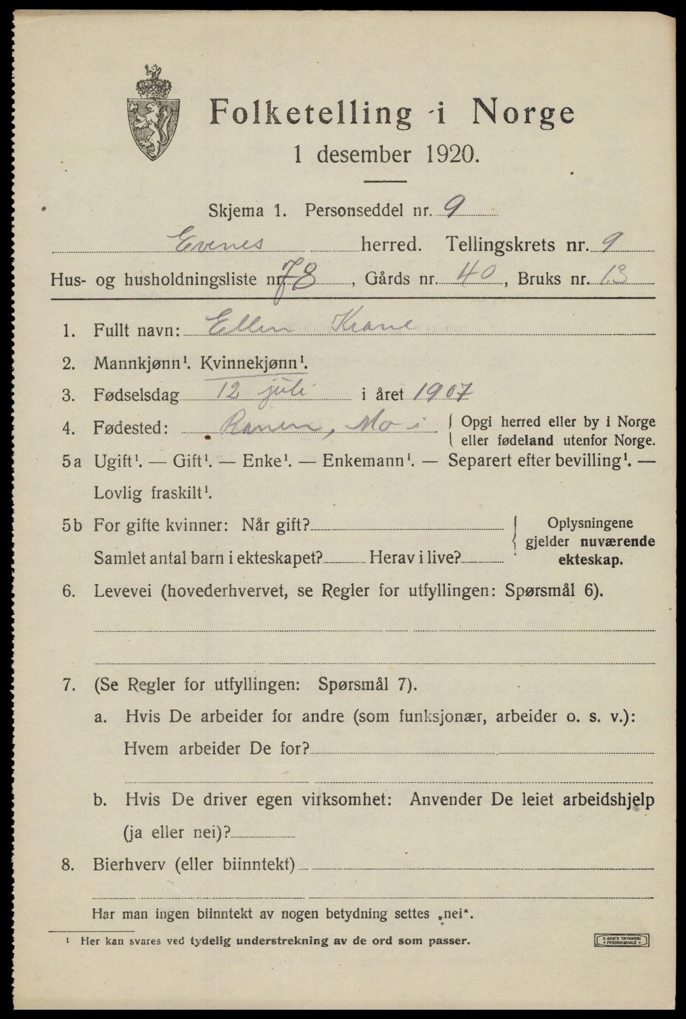 SAT, 1920 census for Evenes, 1920, p. 8346