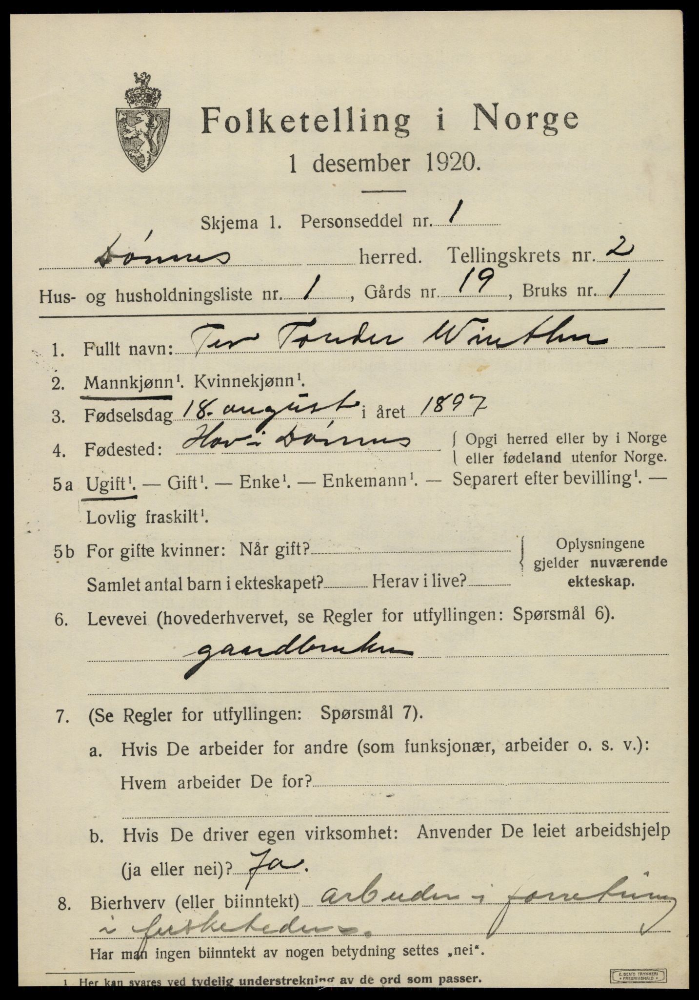 SAT, 1920 census for Dønnes, 1920, p. 1216