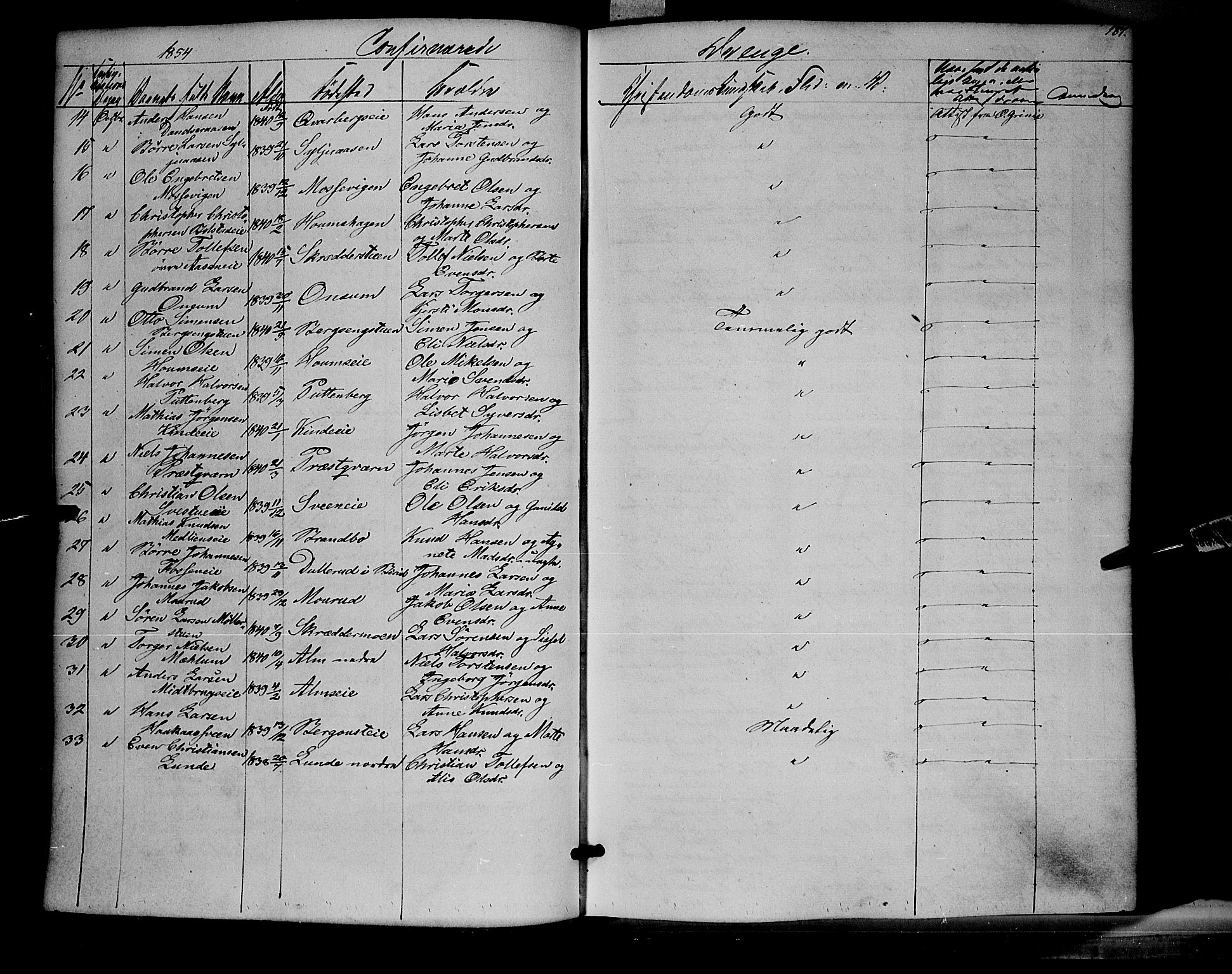 Ringsaker prestekontor, SAH/PREST-014/K/Ka/L0009: Parish register (official) no. 9, 1850-1860, p. 187