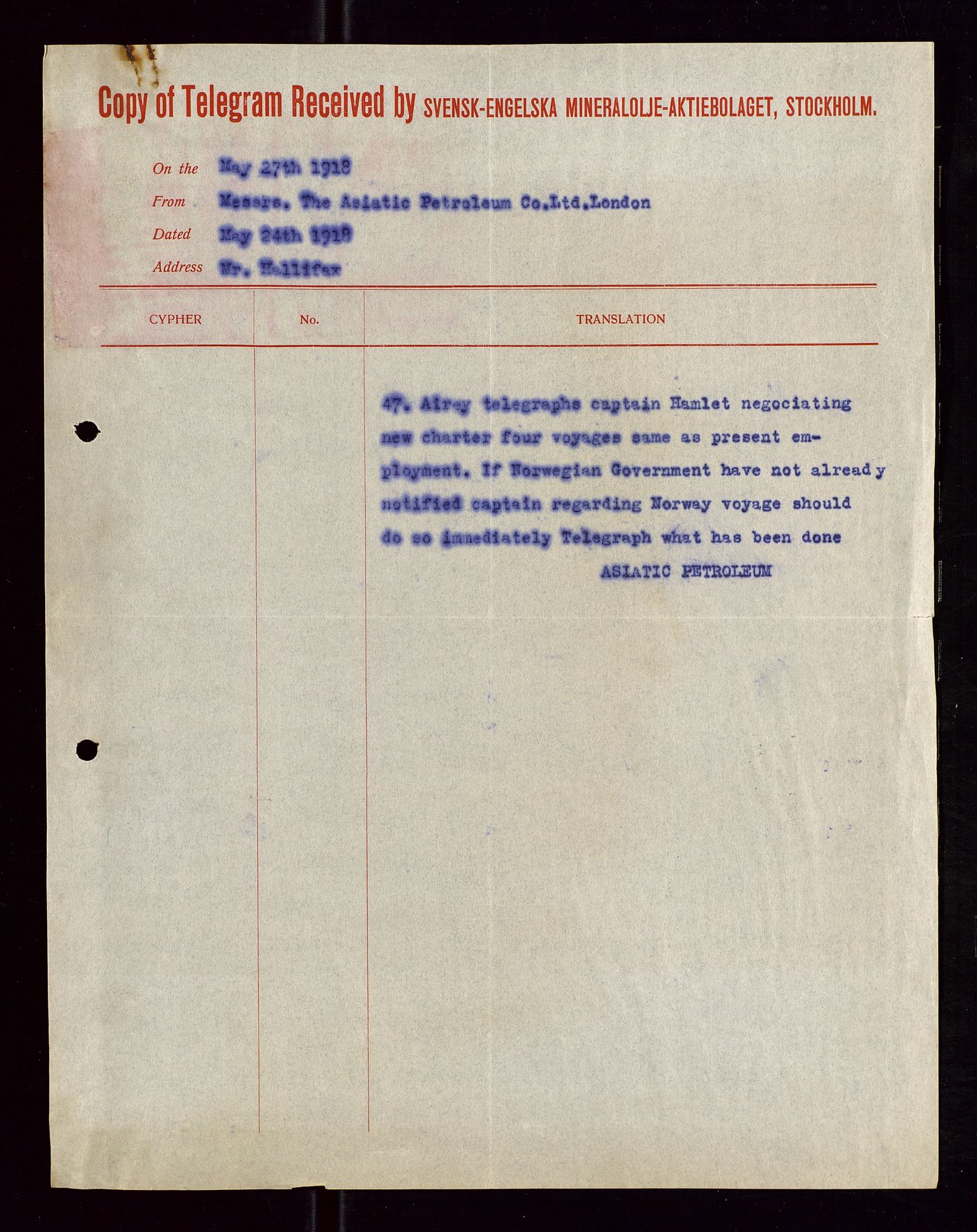 Pa 1521 - A/S Norske Shell, AV/SAST-A-101915/E/Ea/Eaa/L0005: Sjefskorrespondanse, 1918, p. 381