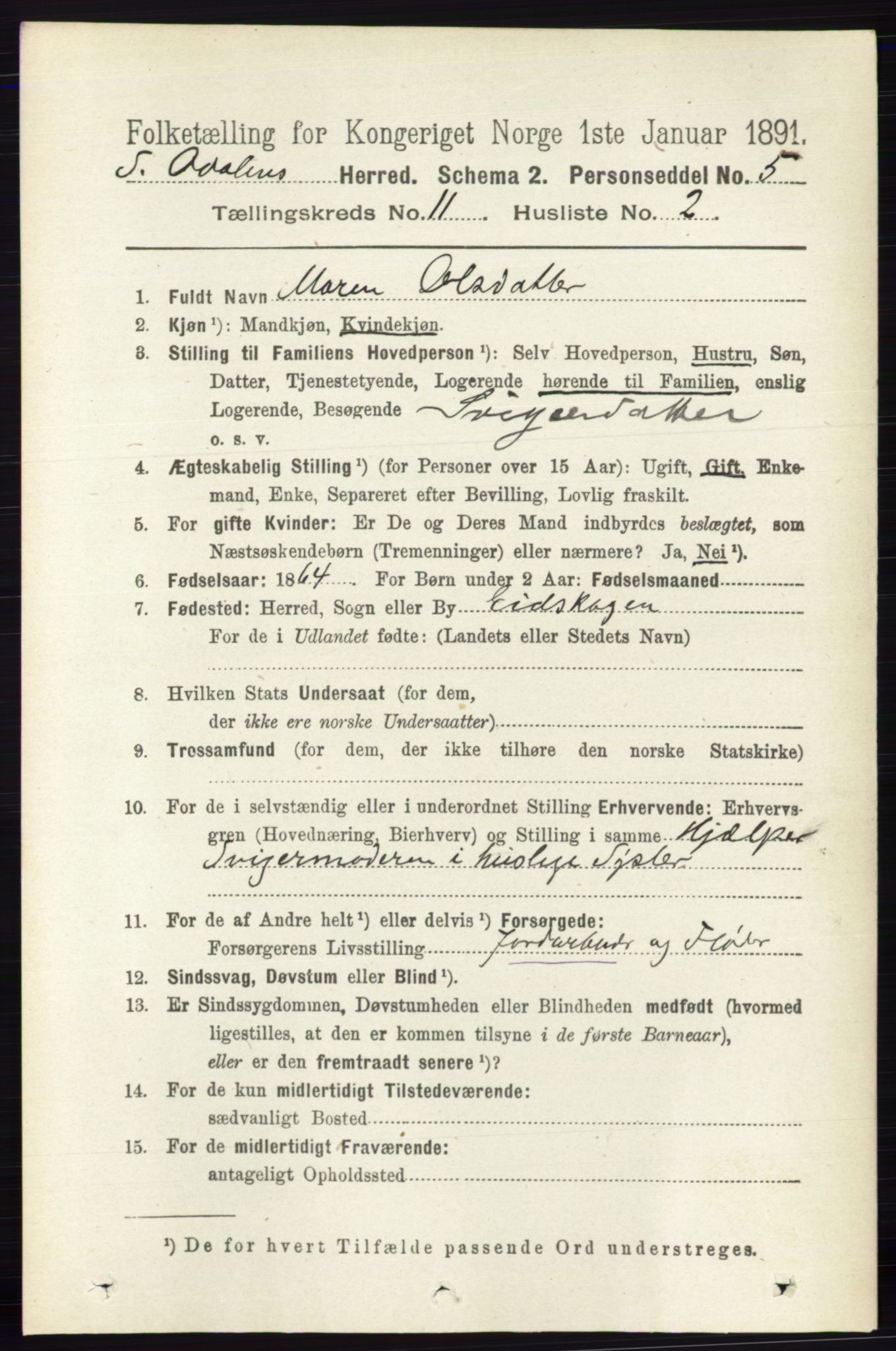 RA, 1891 census for 0419 Sør-Odal, 1891, p. 4911