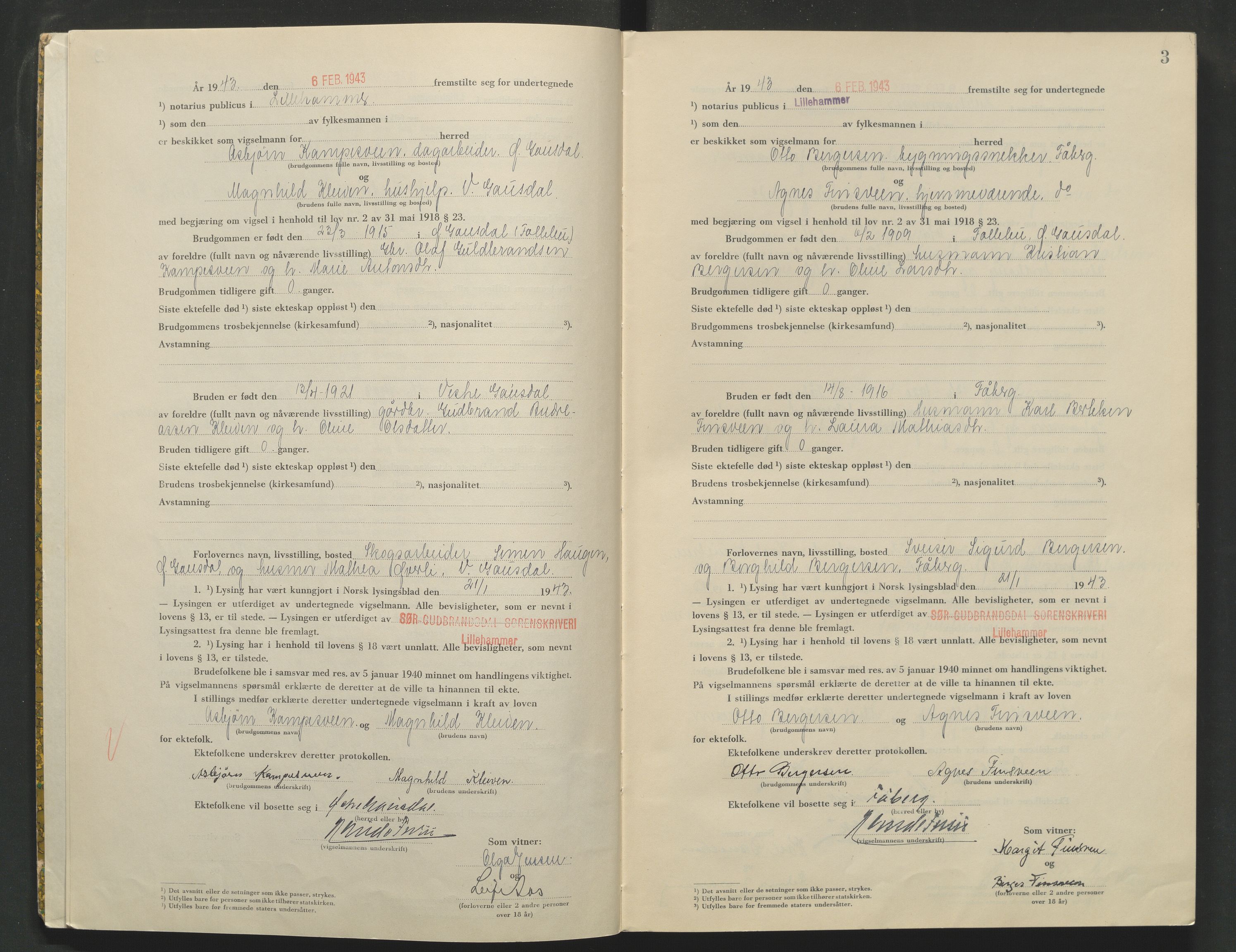 Sør-Gudbrandsdal tingrett, AV/SAH-TING-004/L/Lc/L0003: Vigselsprotokoll, 1943, p. 3