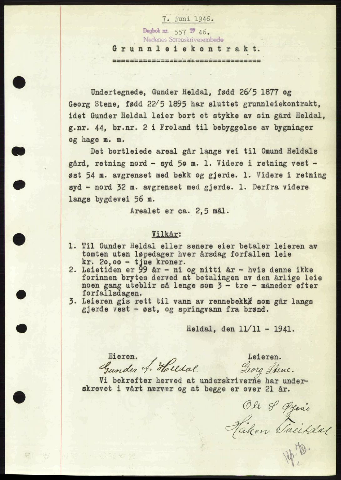 Nedenes sorenskriveri, SAK/1221-0006/G/Gb/Gba/L0054: Mortgage book no. A6c, 1946-1946, Diary no: : 557/1946