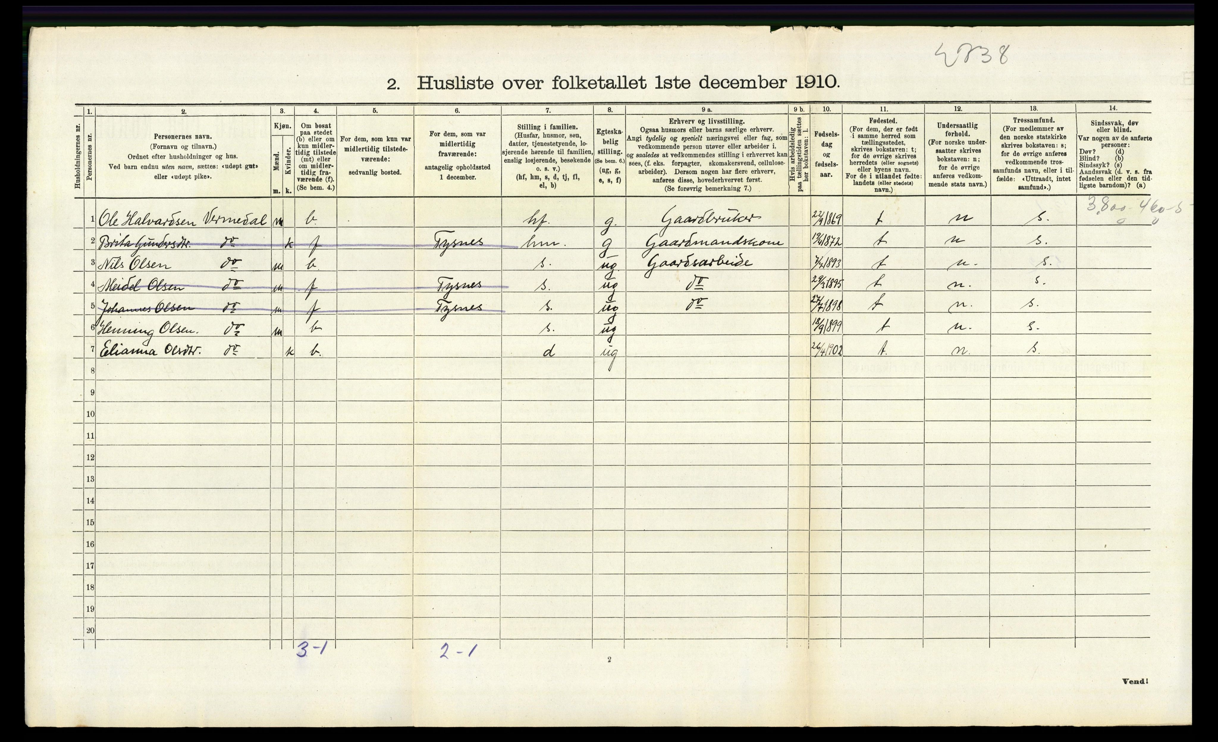 RA, 1910 census for Tysnes, 1910, p. 471