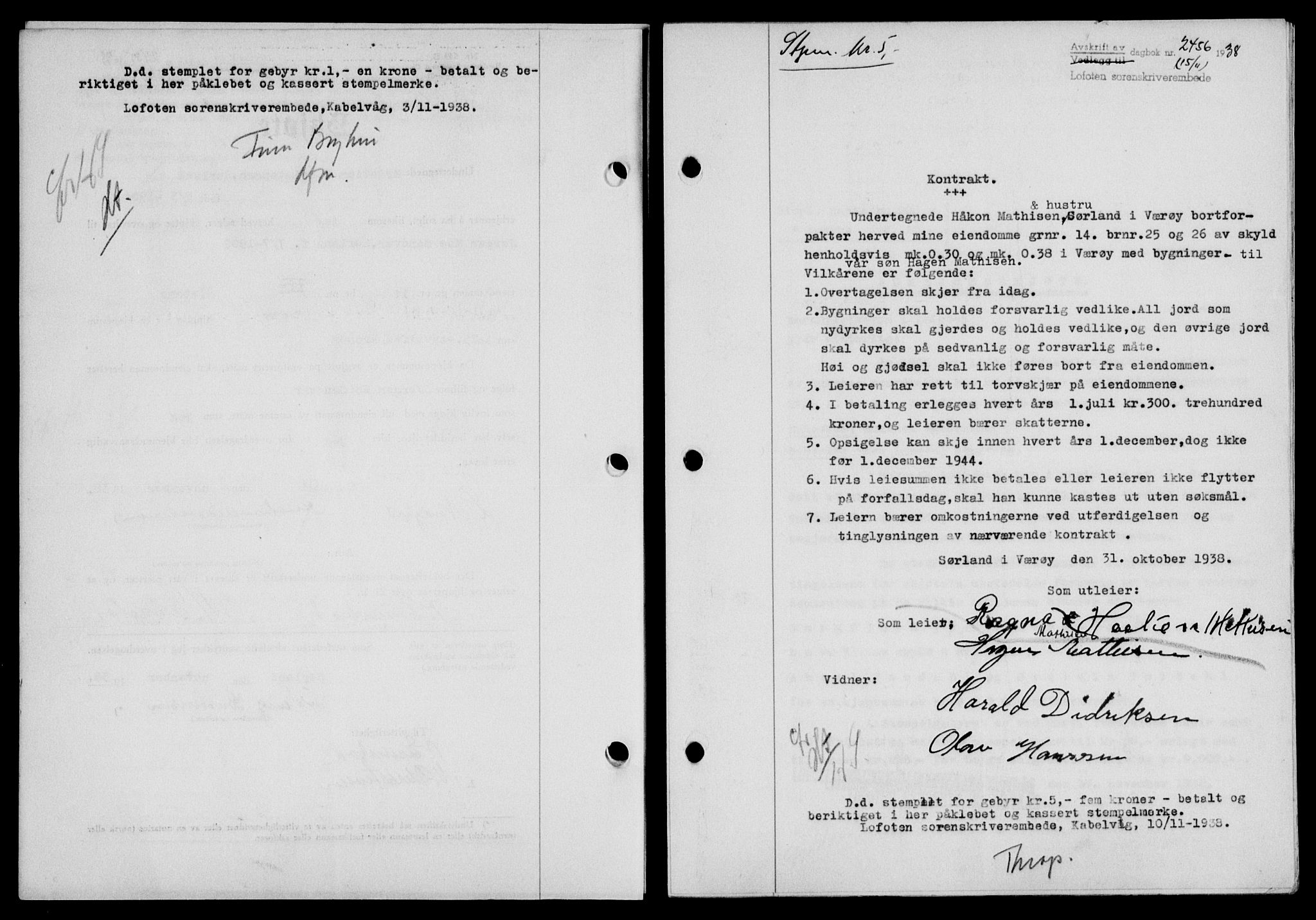 Lofoten sorenskriveri, SAT/A-0017/1/2/2C/L0004a: Mortgage book no. 4a, 1938-1938, Diary no: : 2456/1938
