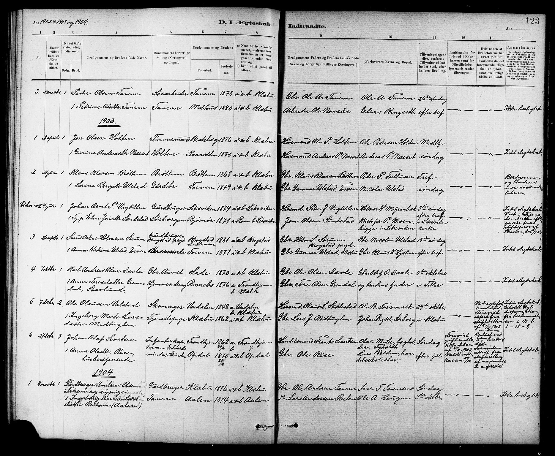 Ministerialprotokoller, klokkerbøker og fødselsregistre - Sør-Trøndelag, AV/SAT-A-1456/618/L0452: Parish register (copy) no. 618C03, 1884-1906, p. 123