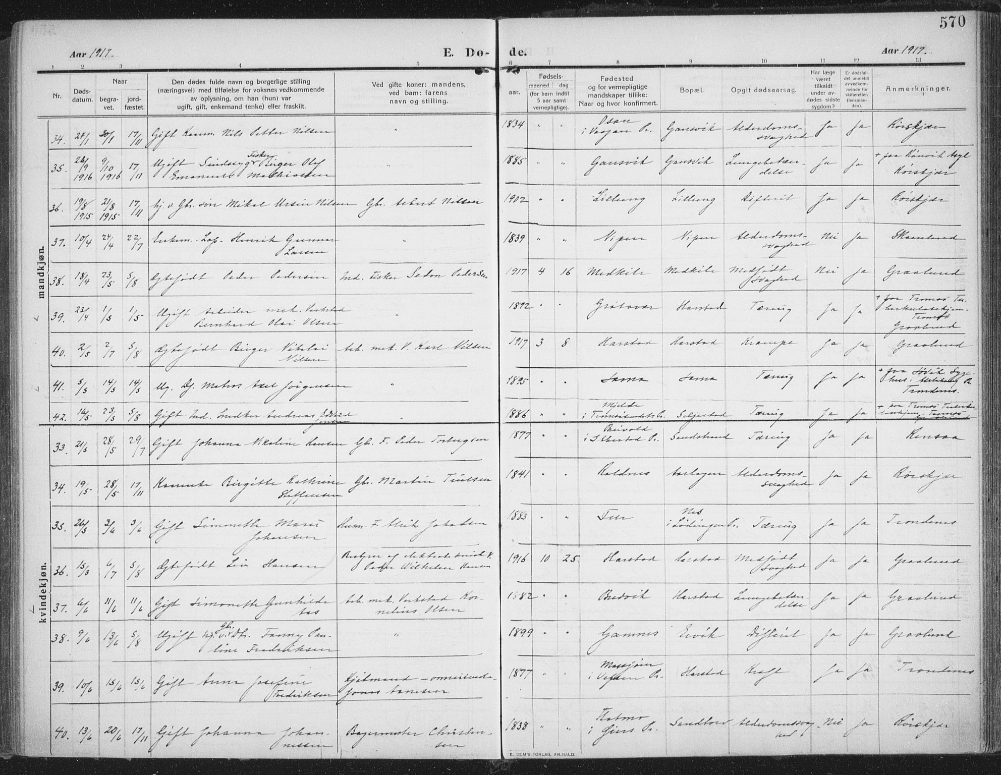 Trondenes sokneprestkontor, AV/SATØ-S-1319/H/Ha/L0018kirke: Parish register (official) no. 18, 1909-1918, p. 570