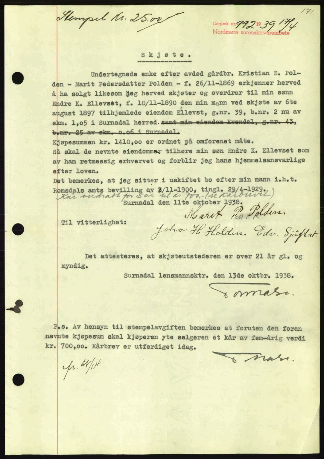 Nordmøre sorenskriveri, SAT/A-4132/1/2/2Ca: Mortgage book no. A86, 1939-1939, Diary no: : 992/1939