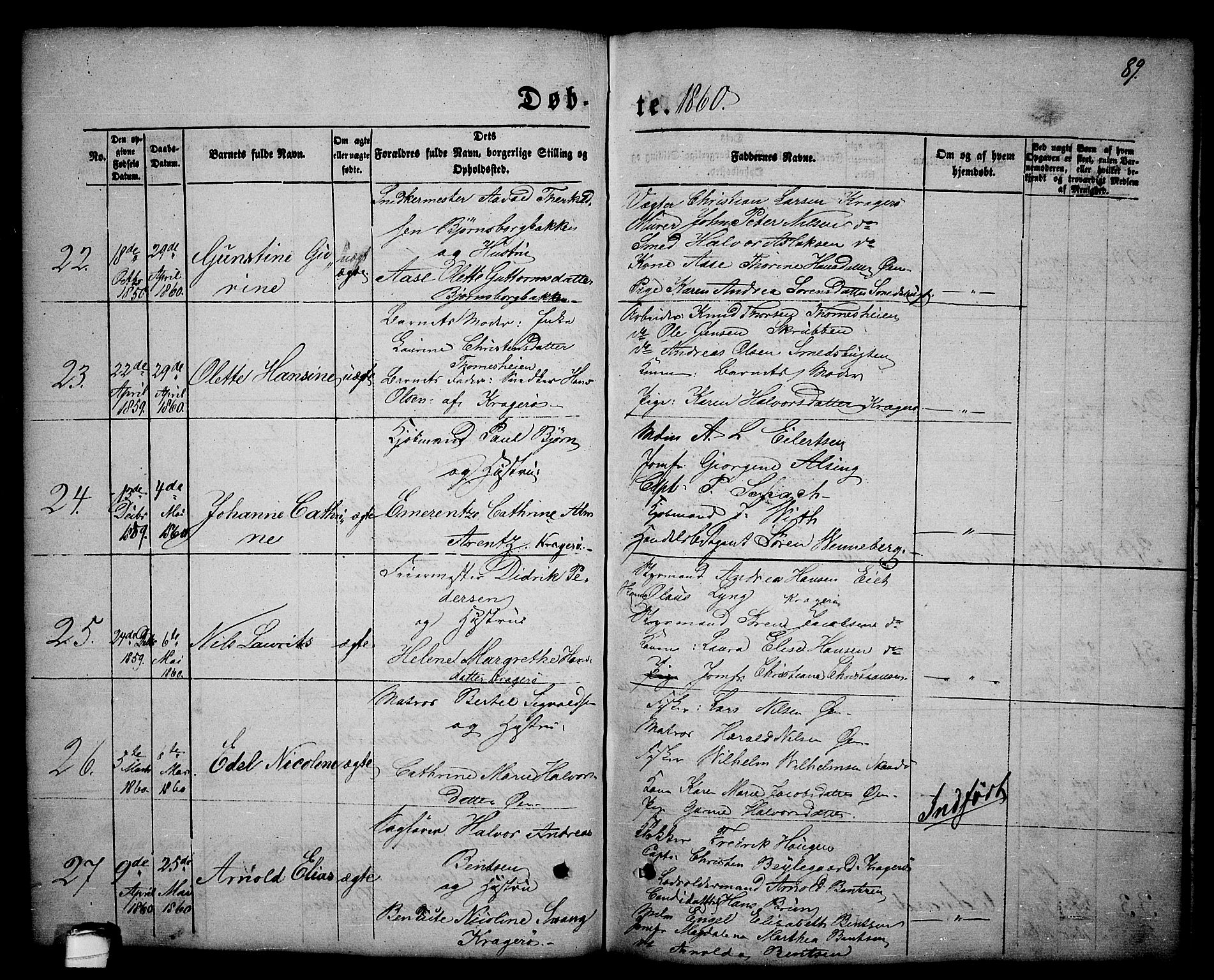 Kragerø kirkebøker, AV/SAKO-A-278/G/Ga/L0004: Parish register (copy) no. 4, 1853-1865, p. 89