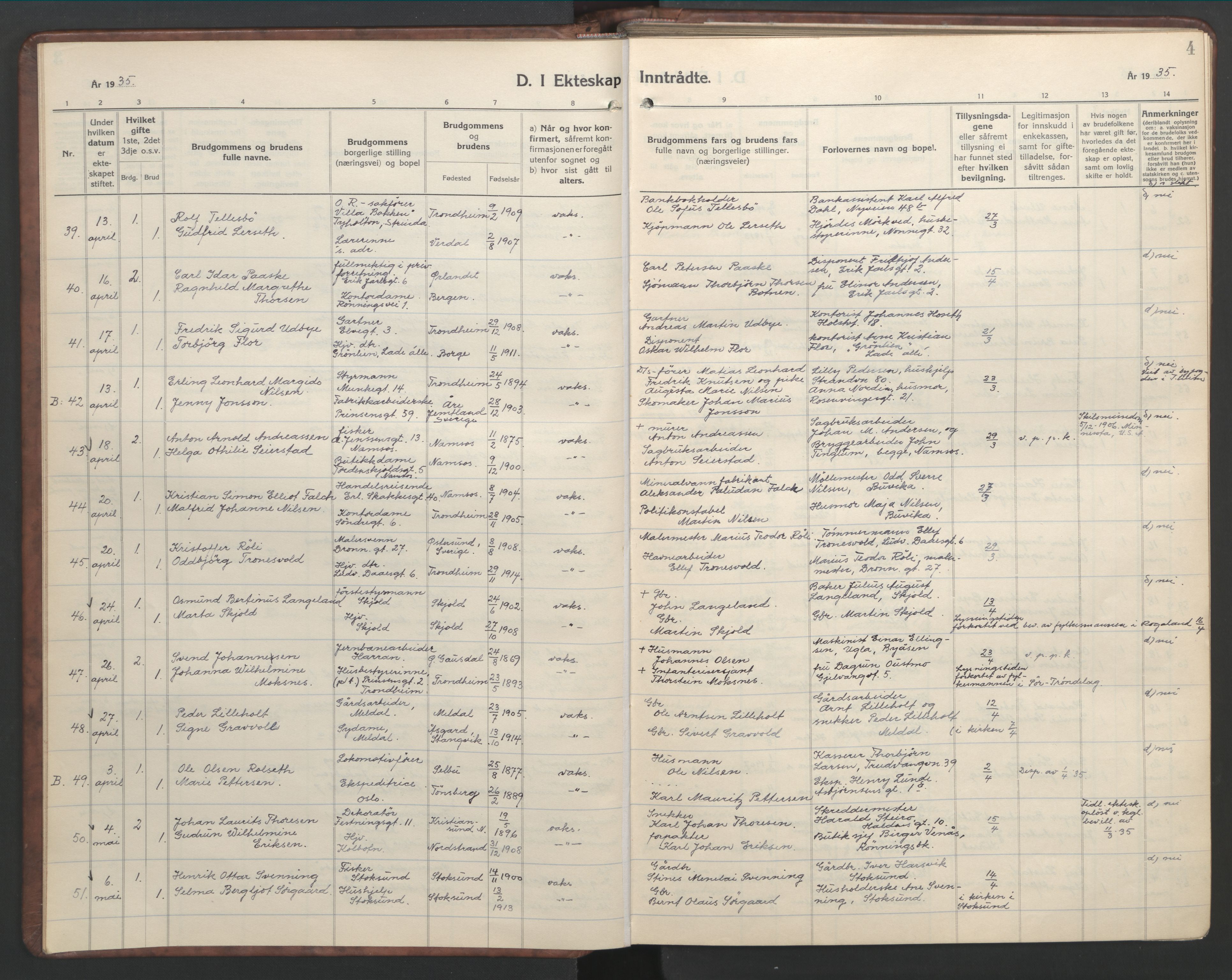 Ministerialprotokoller, klokkerbøker og fødselsregistre - Sør-Trøndelag, SAT/A-1456/601/L0101: Parish register (copy) no. 601C19, 1935-1946, p. 4