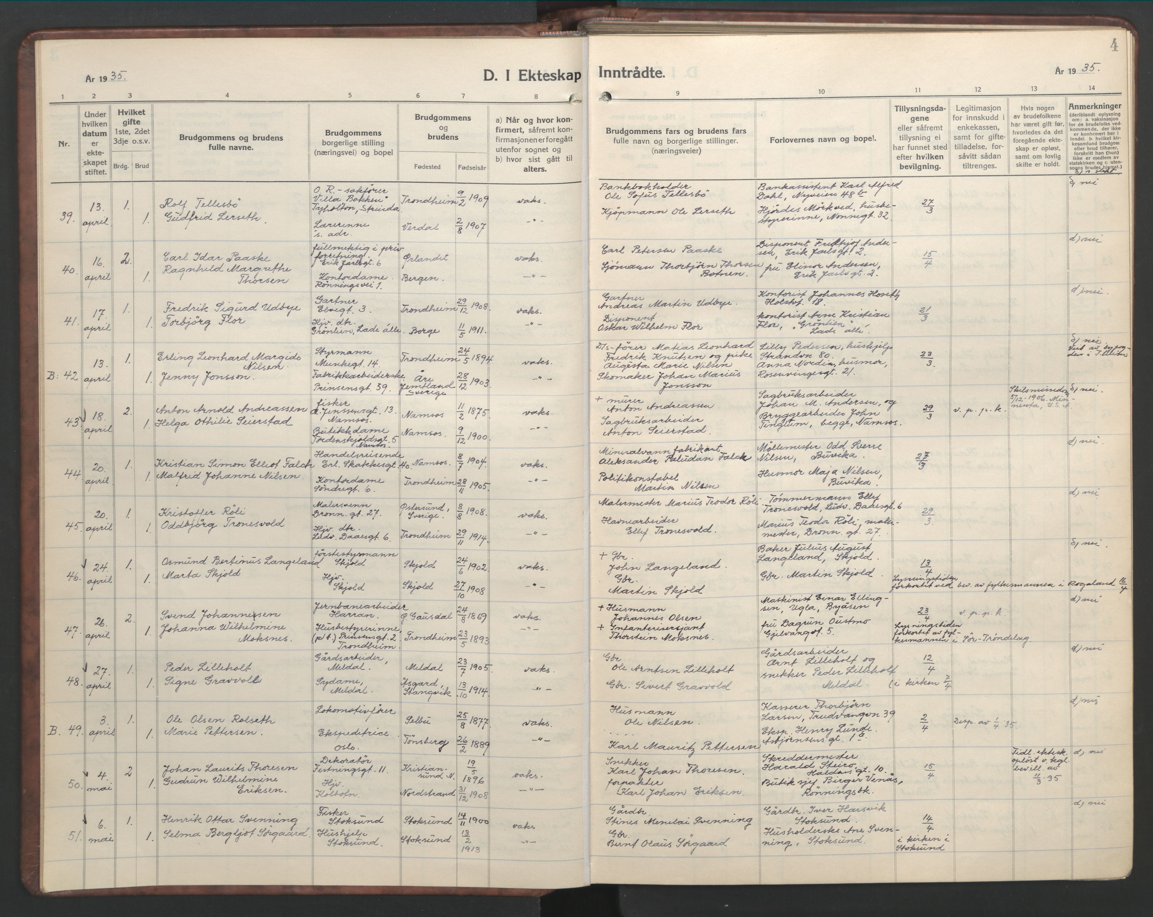 Ministerialprotokoller, klokkerbøker og fødselsregistre - Sør-Trøndelag, AV/SAT-A-1456/601/L0101: Parish register (copy) no. 601C19, 1935-1946, p. 4