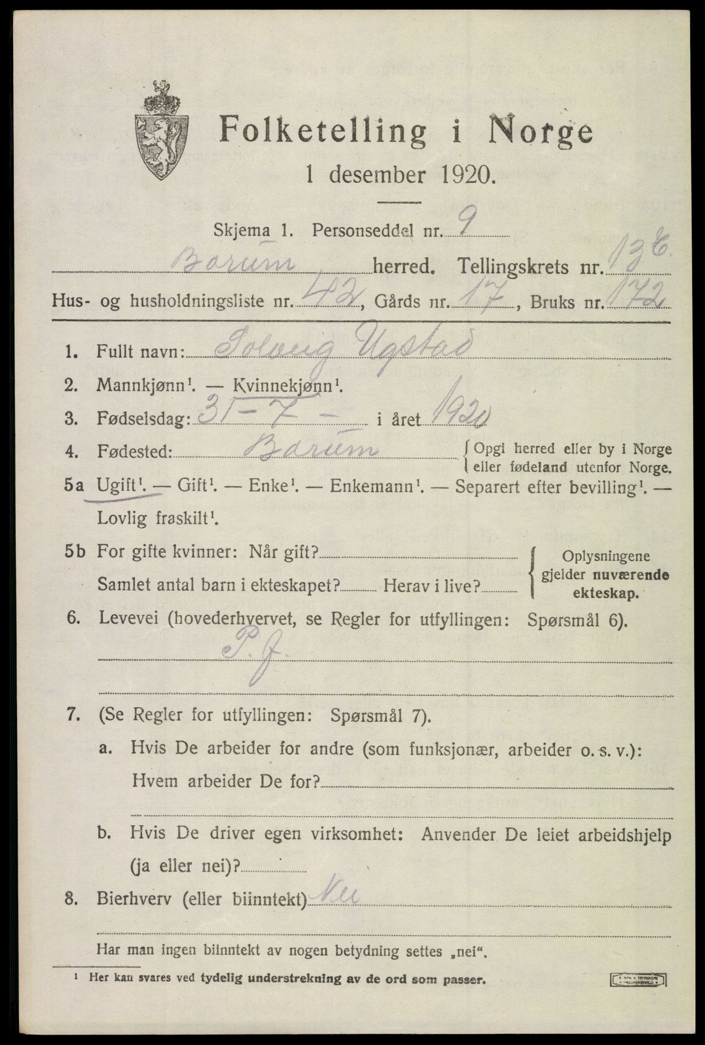 SAO, 1920 census for Bærum, 1920, p. 38378