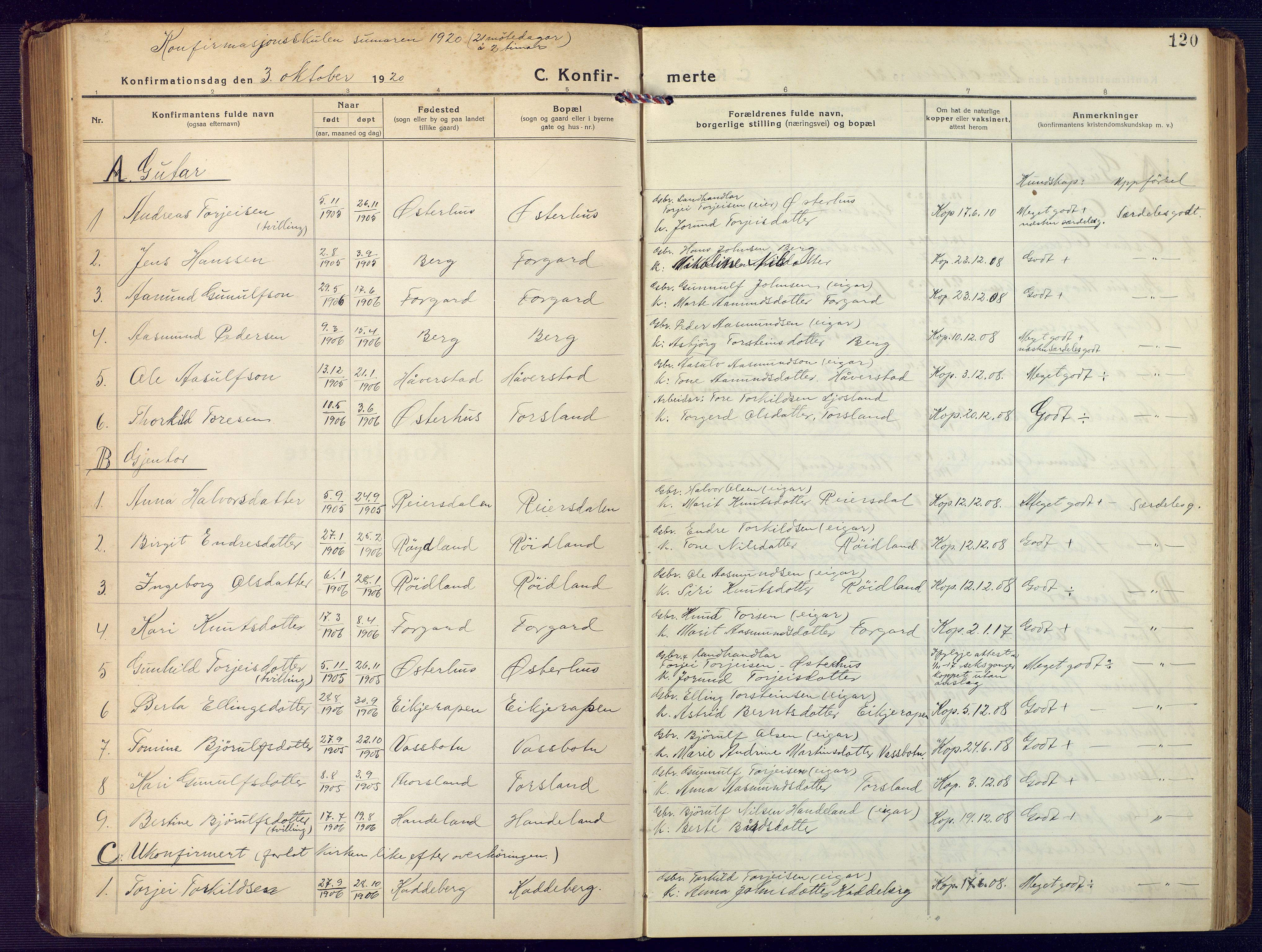 Åseral sokneprestkontor, SAK/1111-0051/F/Fb/L0004: Parish register (copy) no. B 4, 1920-1946, p. 120
