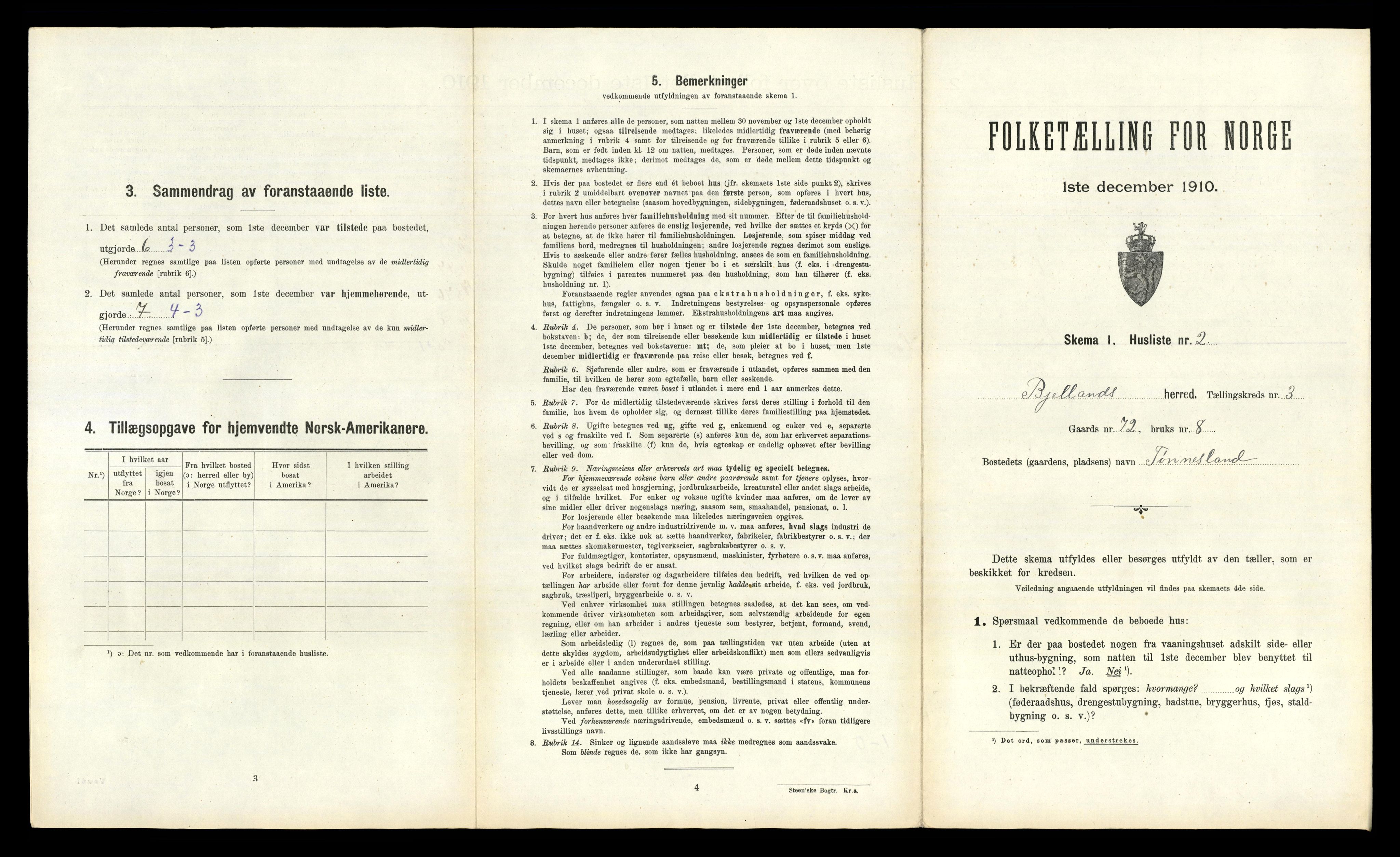 RA, 1910 census for Bjelland, 1910, p. 172