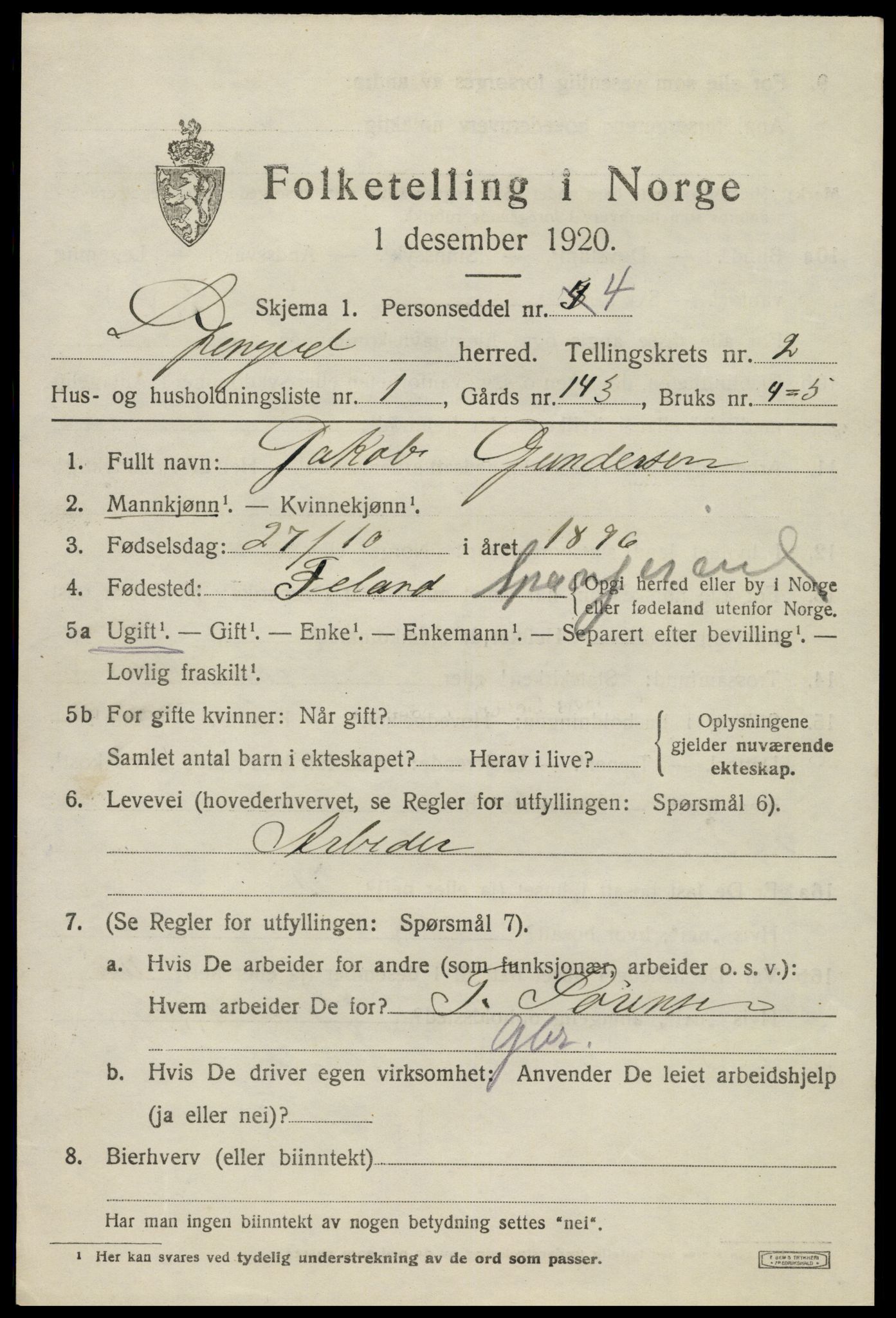 SAK, 1920 census for Spangereid, 1920, p. 1067