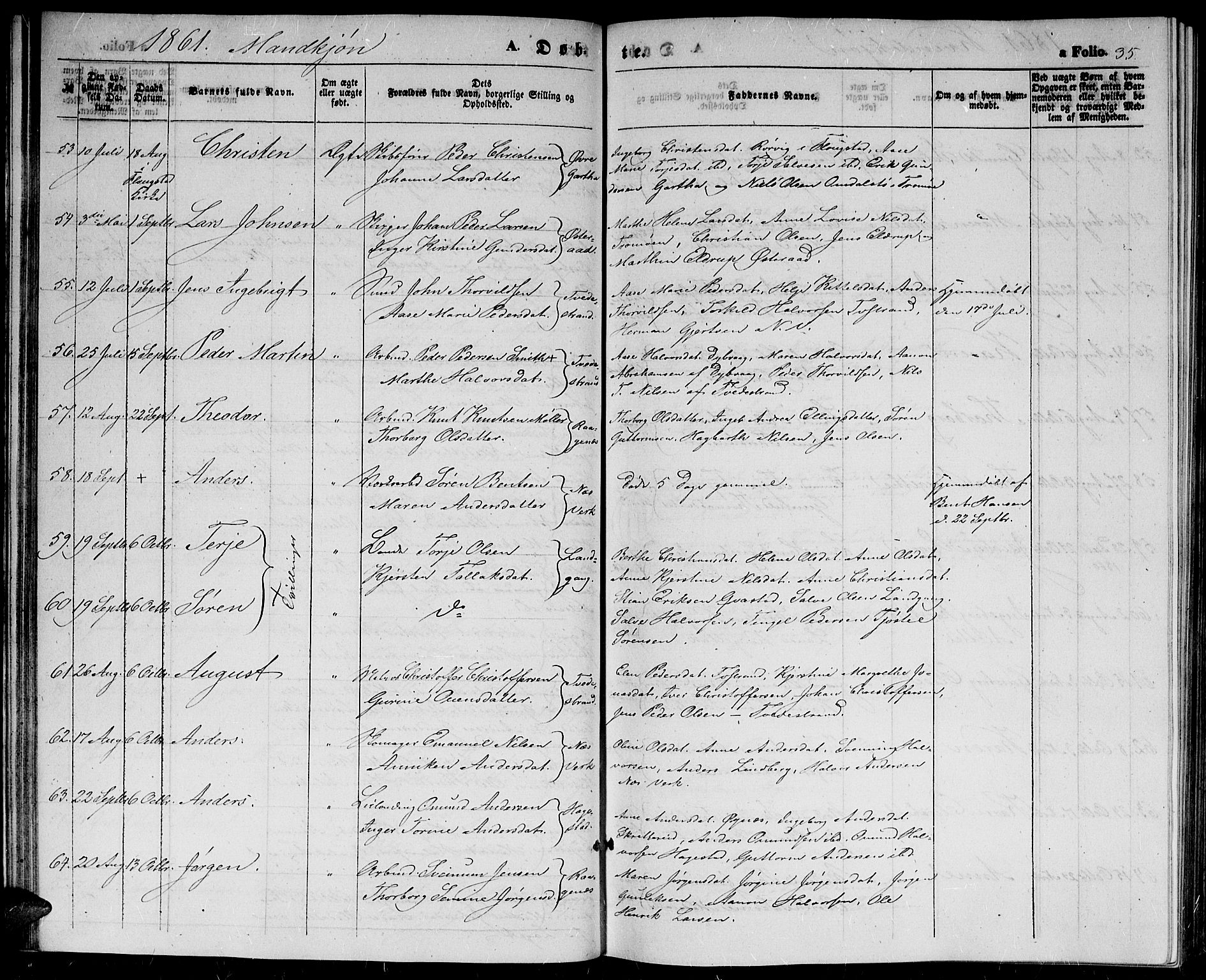 Holt sokneprestkontor, SAK/1111-0021/F/Fb/L0008: Parish register (copy) no. B 8, 1858-1871, p. 35