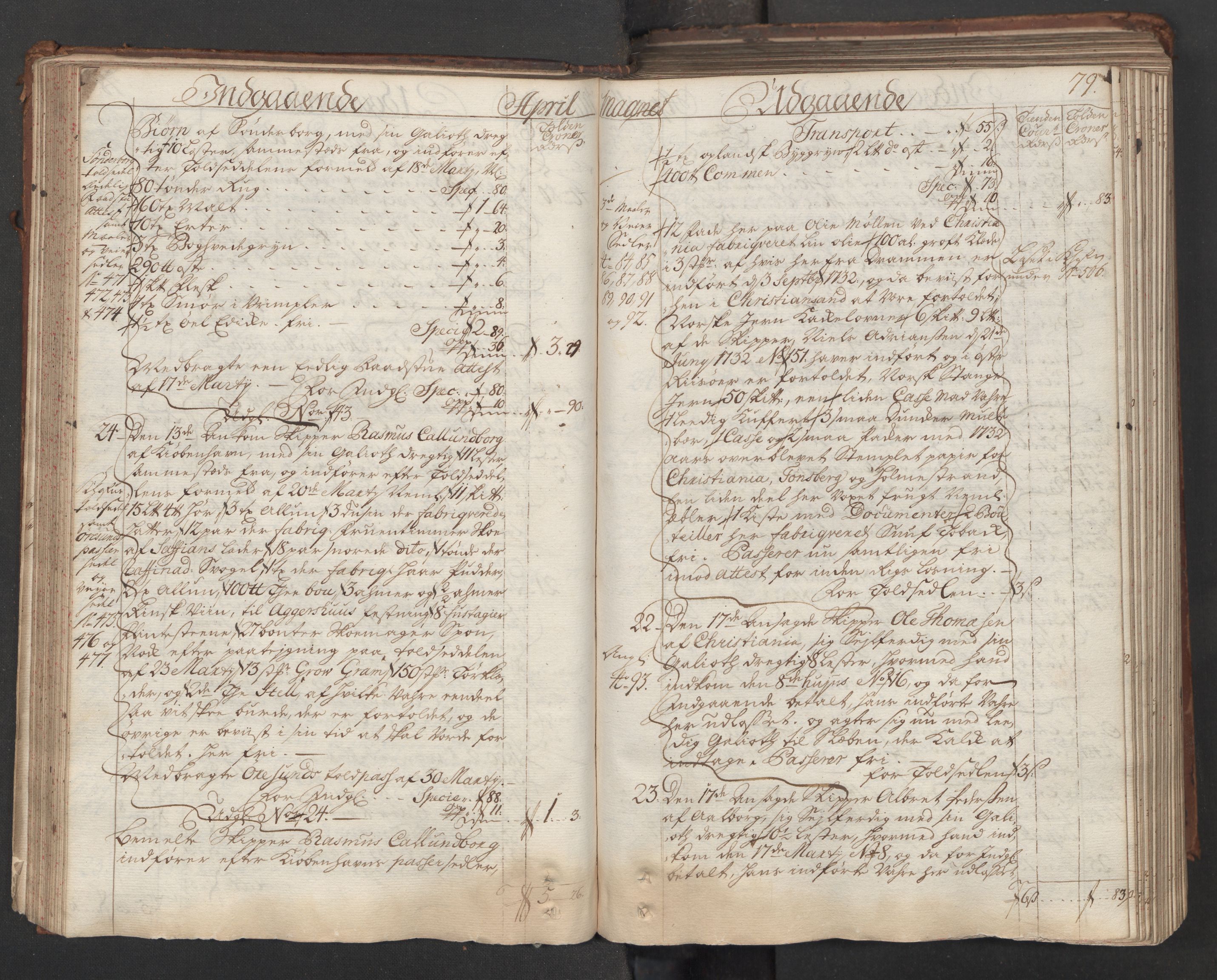 Generaltollkammeret, tollregnskaper, AV/RA-EA-5490/R06/L0015/0001: Tollregnskaper Kristiania / Hovedtollbok, 1733, p. 78b-79a