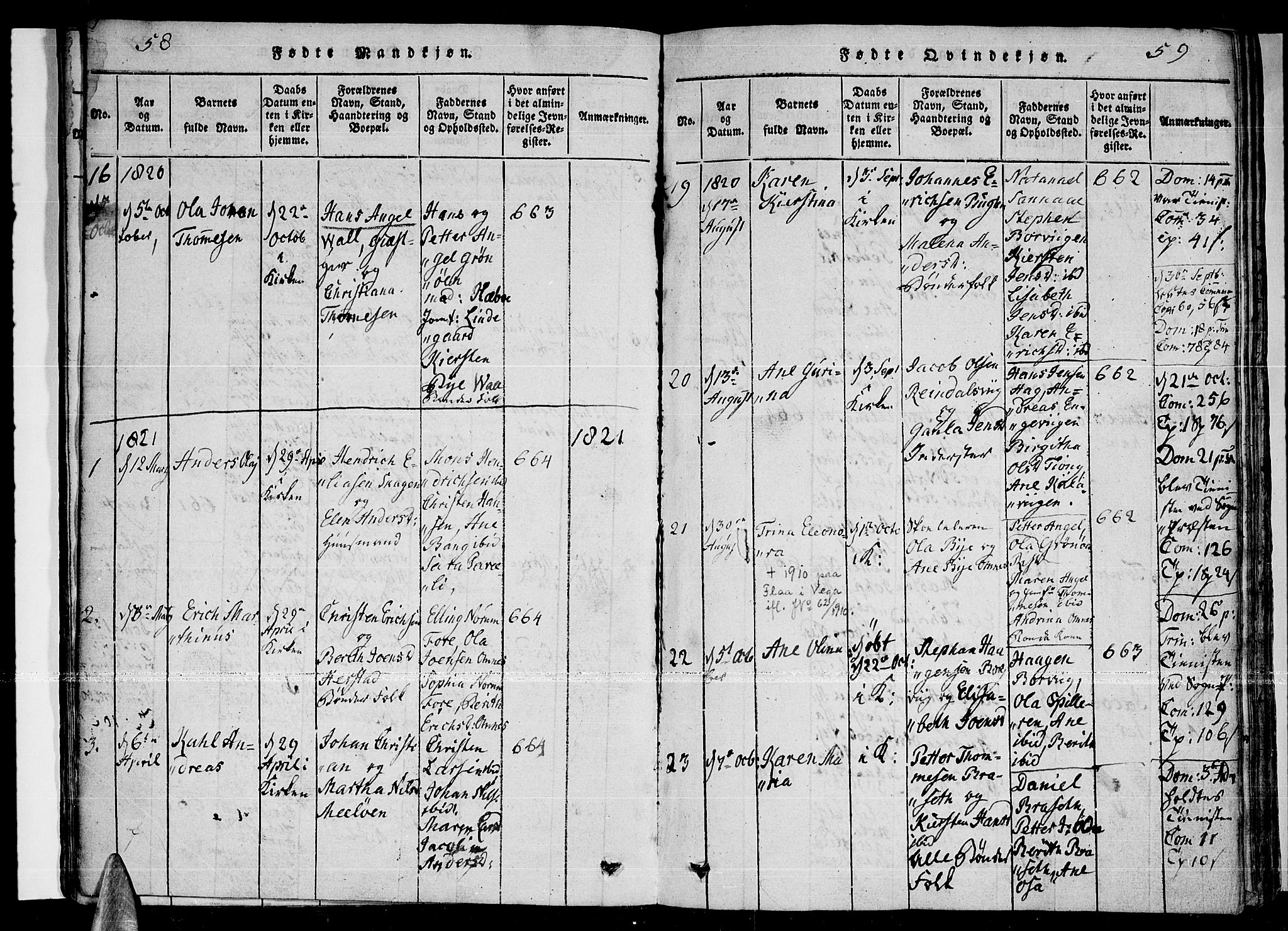 Ministerialprotokoller, klokkerbøker og fødselsregistre - Nordland, AV/SAT-A-1459/841/L0593: Parish register (official) no. 841A04 /2, 1820-1825, p. 58-59