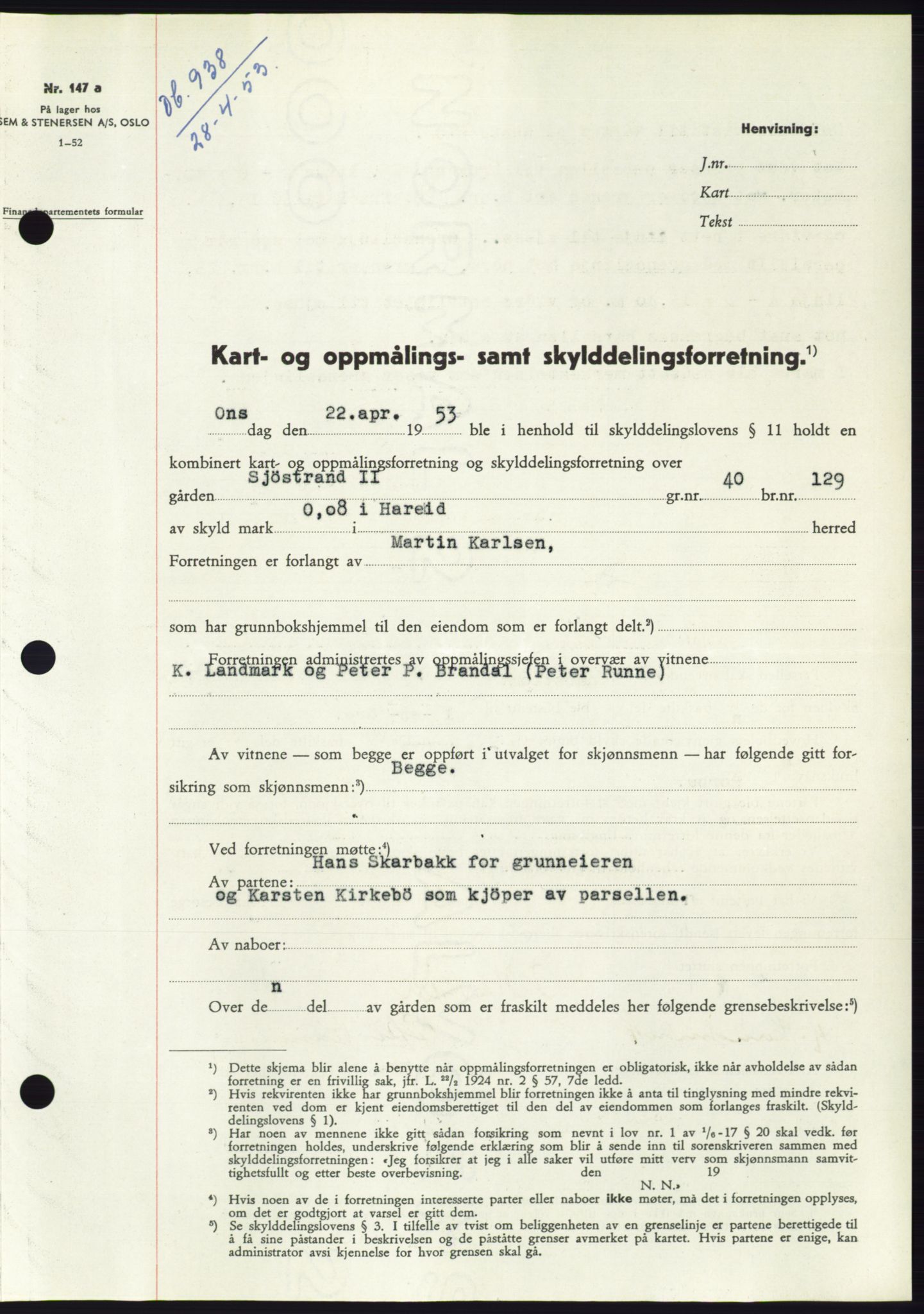 Søre Sunnmøre sorenskriveri, AV/SAT-A-4122/1/2/2C/L0094: Mortgage book no. 20A, 1953-1953, Diary no: : 938/1953