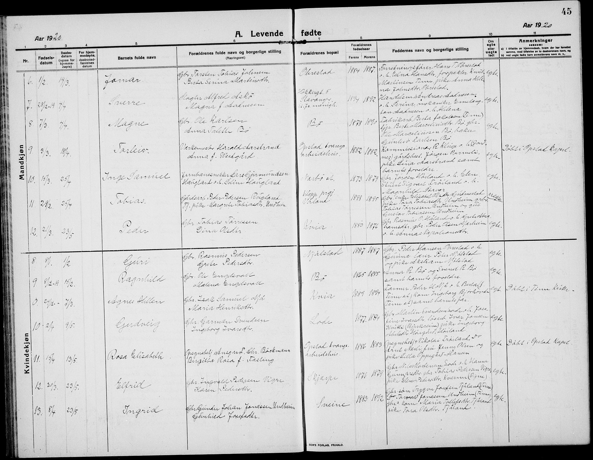Hå sokneprestkontor, SAST/A-101801/001/30BB/L0007: Parish register (copy) no. B 7, 1912-1939, p. 45
