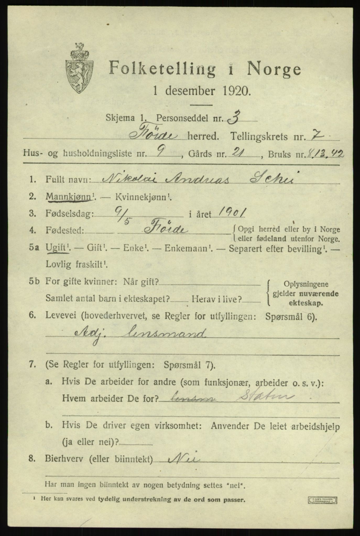 SAB, 1920 census for Førde, 1920, p. 2488