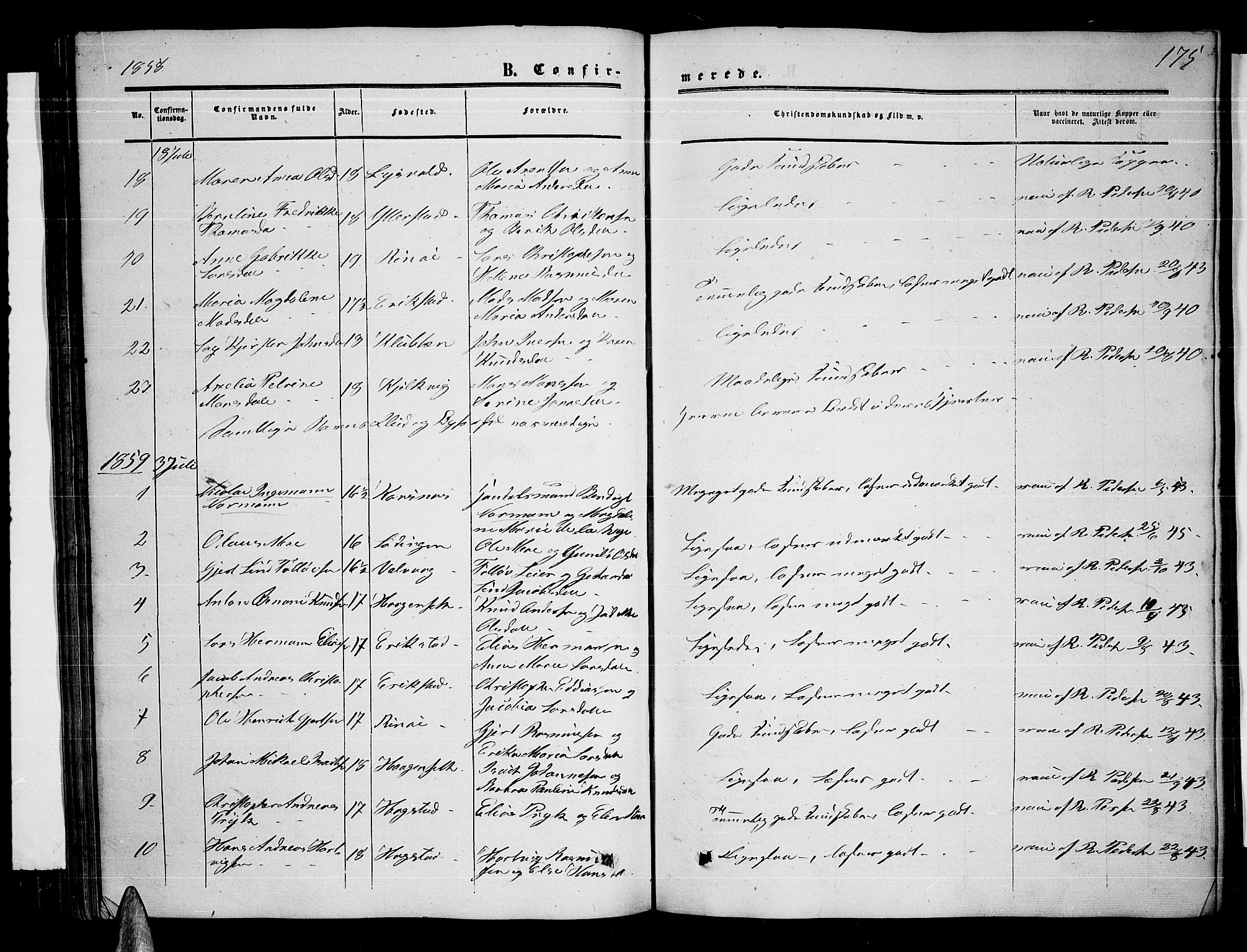 Ministerialprotokoller, klokkerbøker og fødselsregistre - Nordland, AV/SAT-A-1459/872/L1046: Parish register (copy) no. 872C02, 1852-1879, p. 175