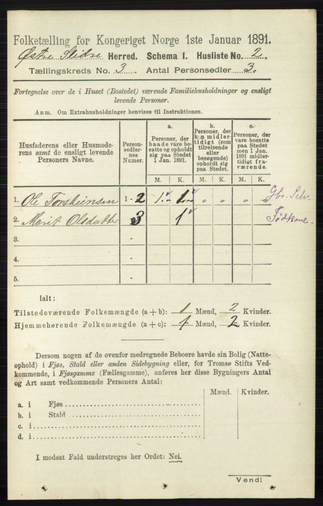 RA, 1891 census for 0544 Øystre Slidre, 1891, p. 551