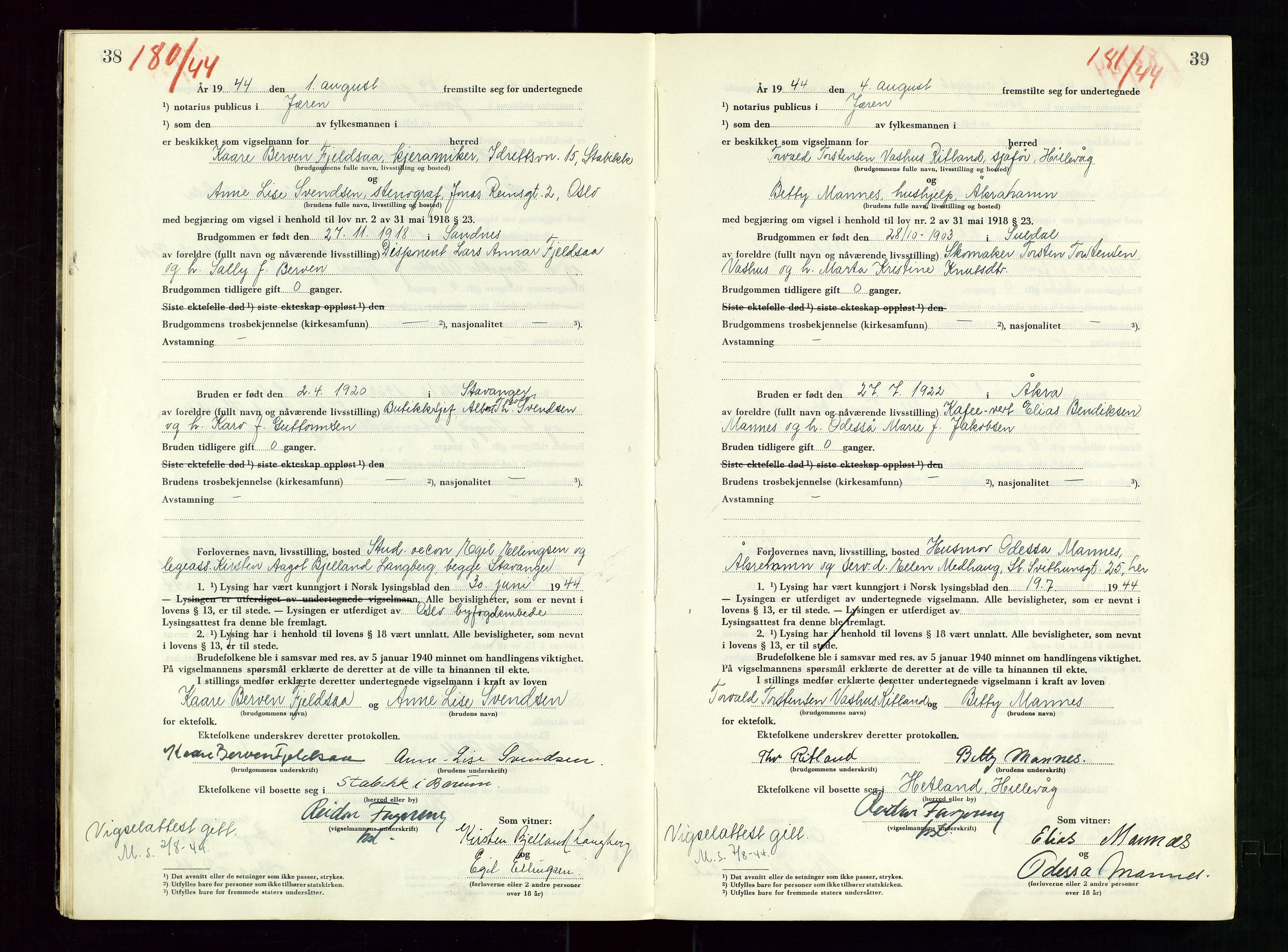 Jæren sorenskriveri, AV/SAST-A-100310/01/6/62/62BA/L0007: VIGSELSPROTOKOLL, 1944, p. 38-39