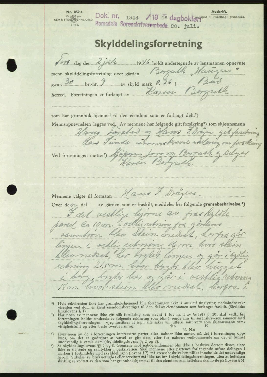 Romsdal sorenskriveri, AV/SAT-A-4149/1/2/2C: Mortgage book no. A20, 1946-1946, Diary no: : 1344/1946