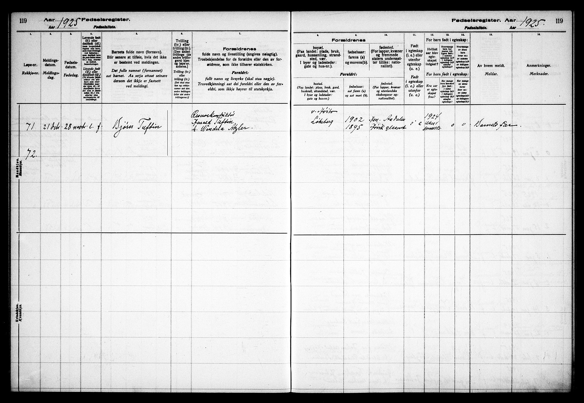 Østre Bærum prestekontor Kirkebøker, AV/SAO-A-10887/J/Ja/L0002: Birth register no. 2, 1922-1928, p. 119