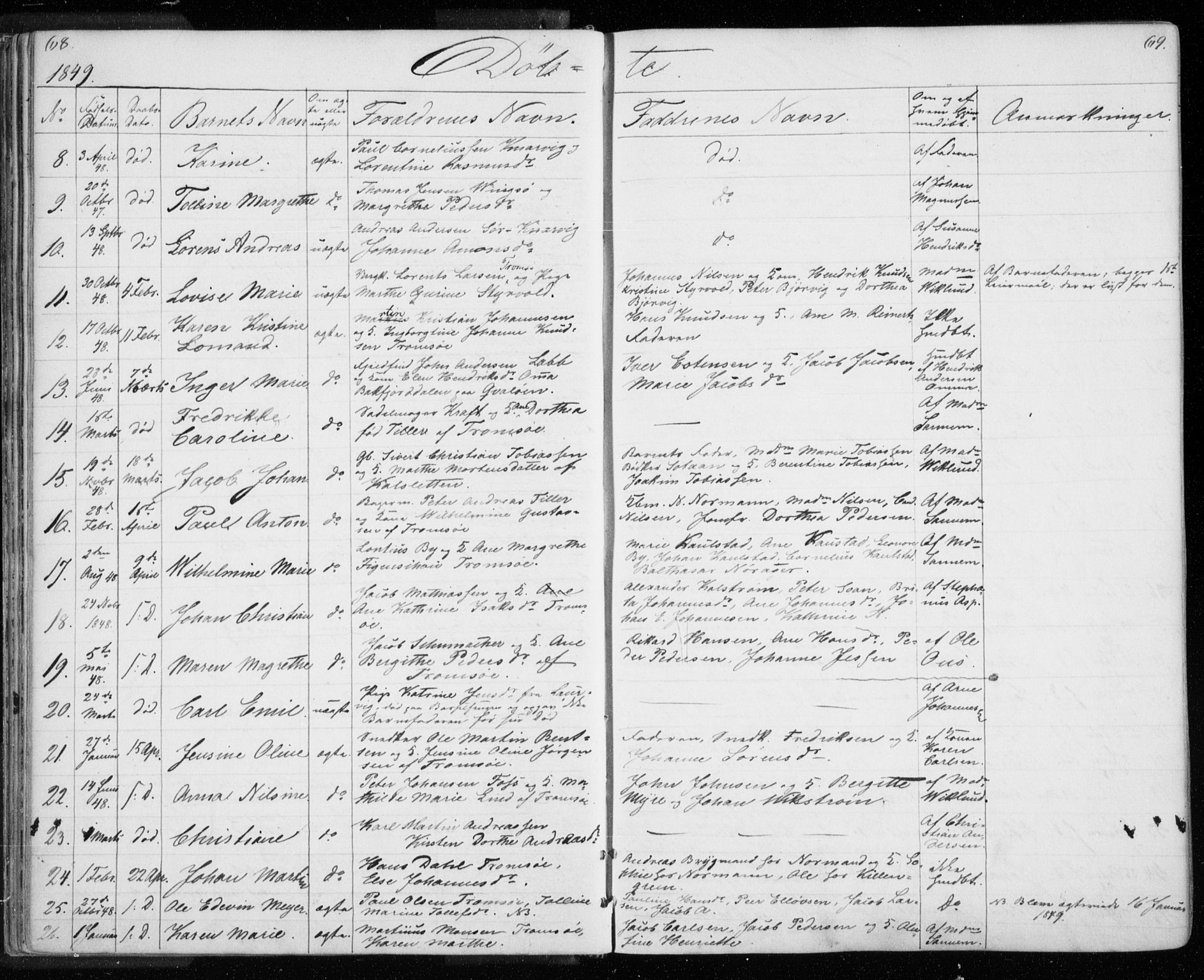 Tromsø sokneprestkontor/stiftsprosti/domprosti, AV/SATØ-S-1343/G/Gb/L0005klokker: Parish register (copy) no. 5, 1846-1857, p. 68-69