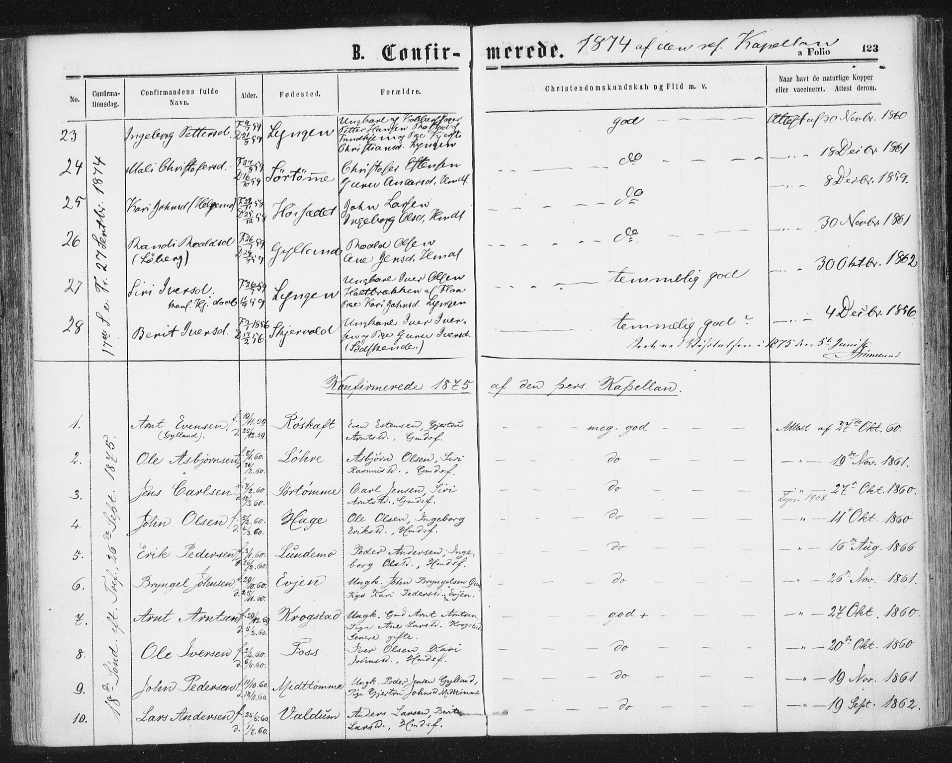 Ministerialprotokoller, klokkerbøker og fødselsregistre - Sør-Trøndelag, SAT/A-1456/692/L1104: Parish register (official) no. 692A04, 1862-1878, p. 123