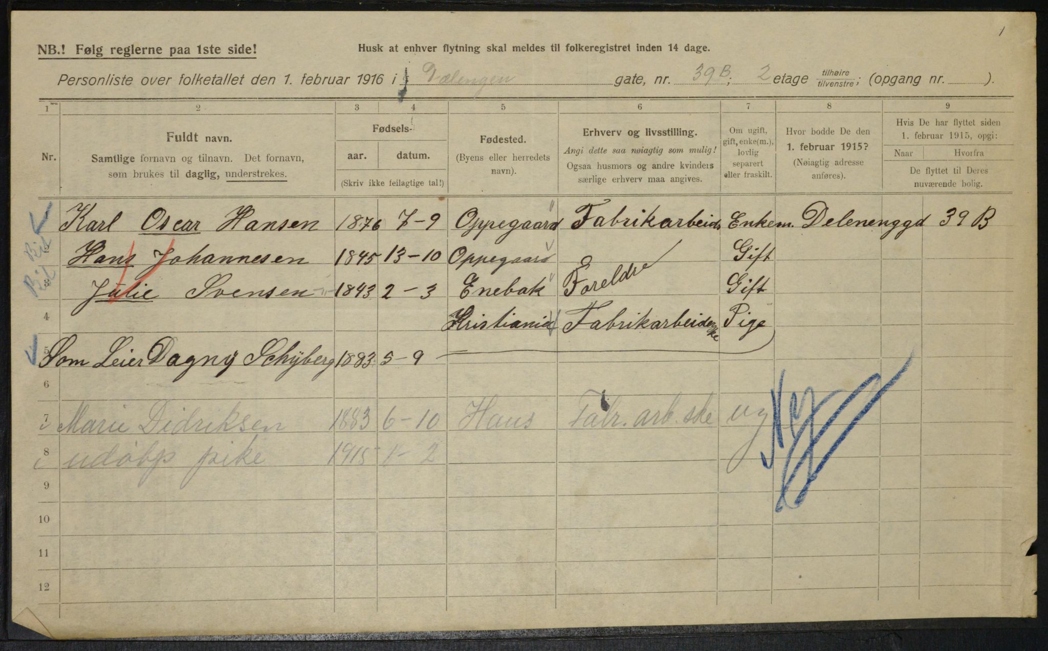 OBA, Municipal Census 1916 for Kristiania, 1916, p. 18012